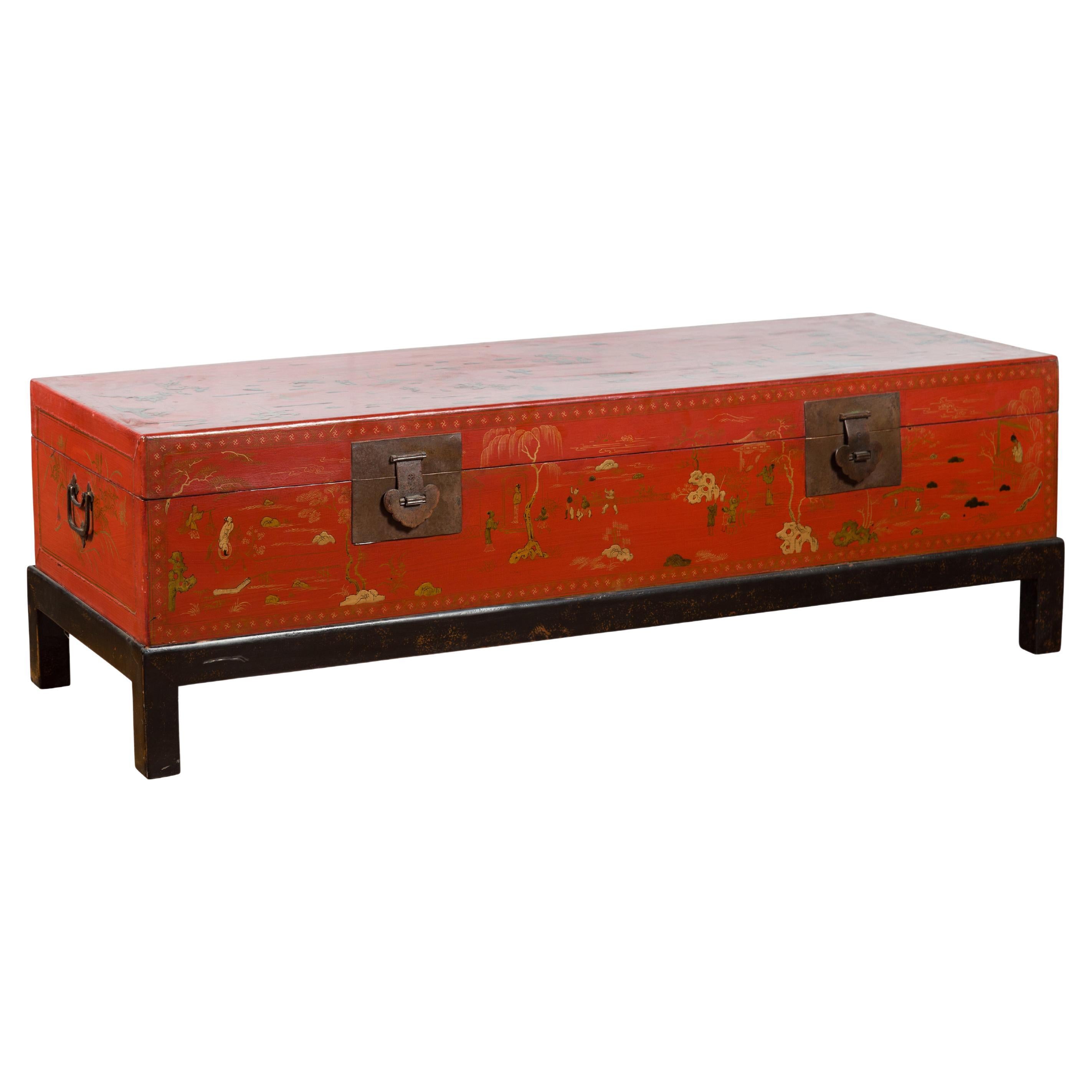 Chinese Vintage Red Lacquered Trunk on Black Base with Gilded Chinoiserie Décor