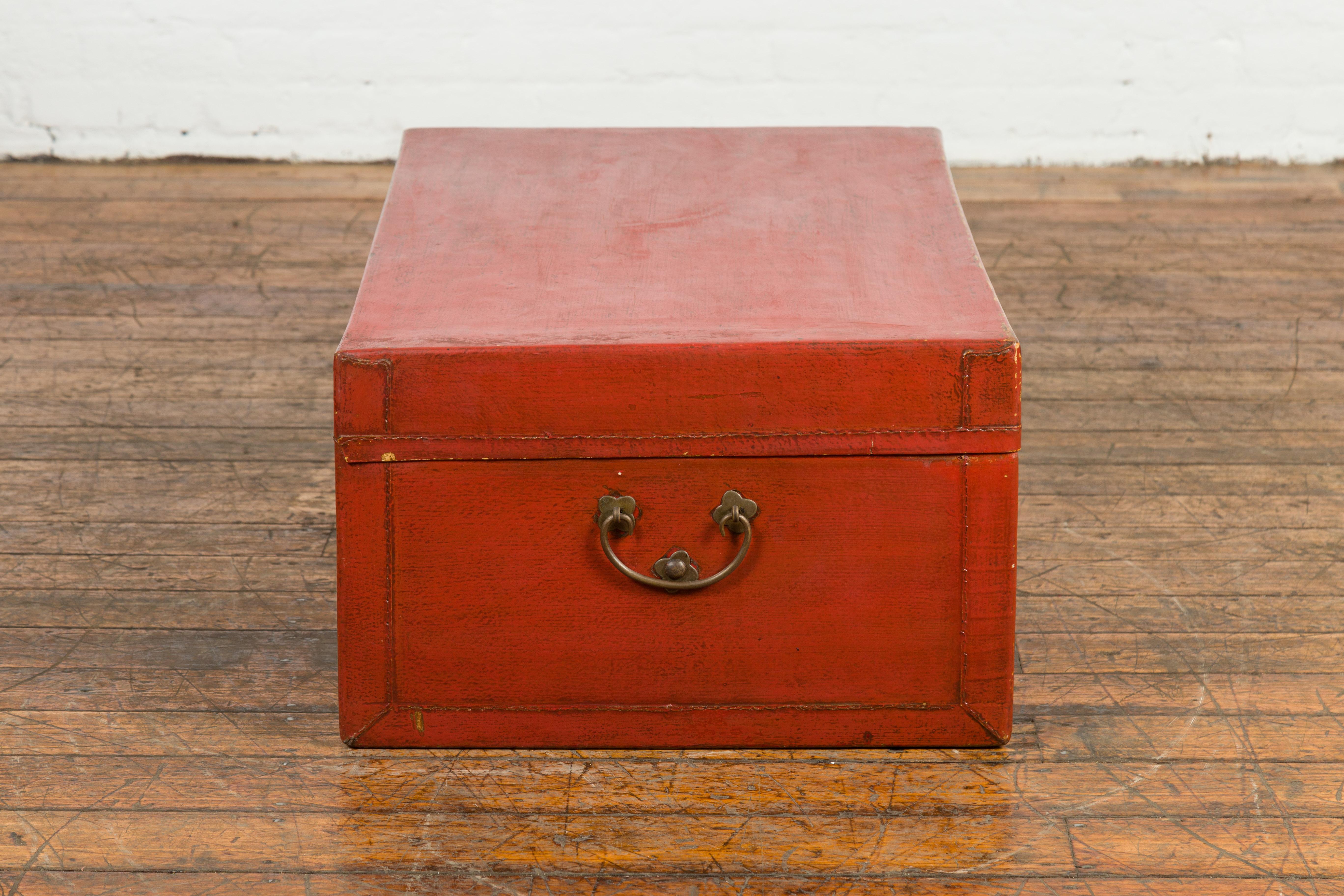 Chinese Vintage Red Leather Lacquer Blanket Chest with Brass Hardware For Sale 8