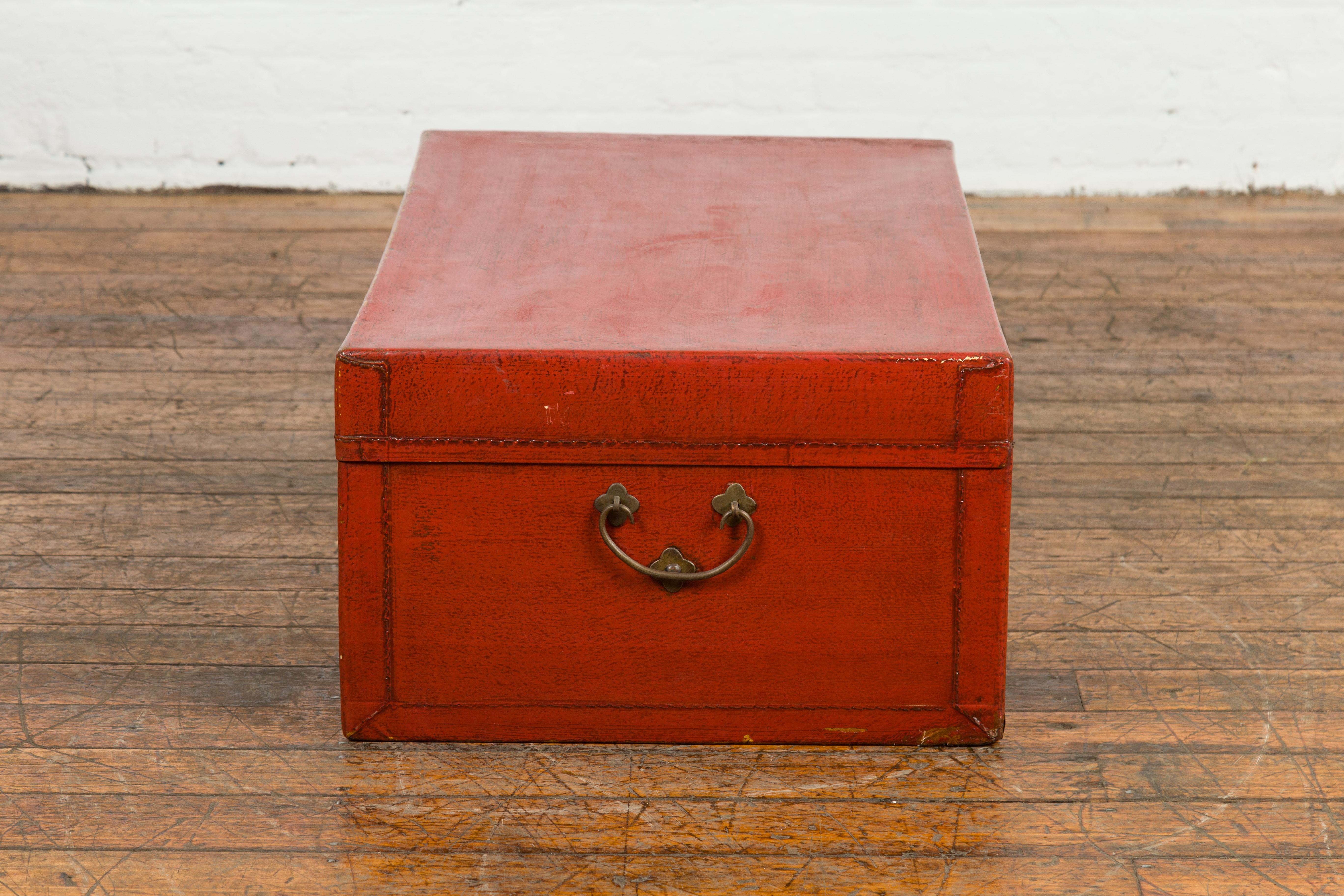 Chinese Vintage Red Leather Lacquer Blanket Chest with Brass Hardware For Sale 11