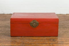 Vintage Red Leather Lacquer Blanket Chest with Brass Hardware