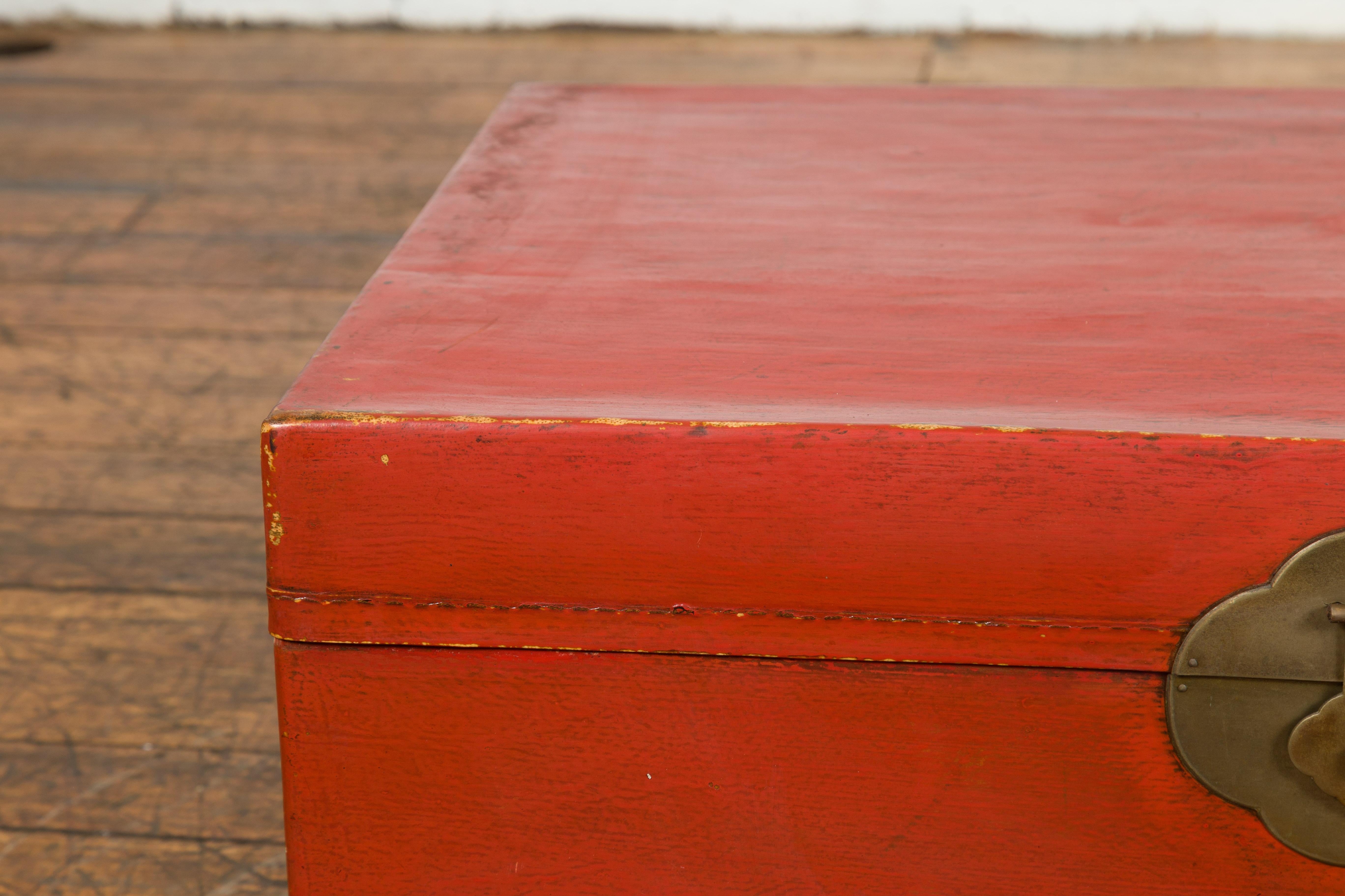 Lacquered Chinese Vintage Red Leather Lacquer Blanket Chest with Brass Hardware For Sale