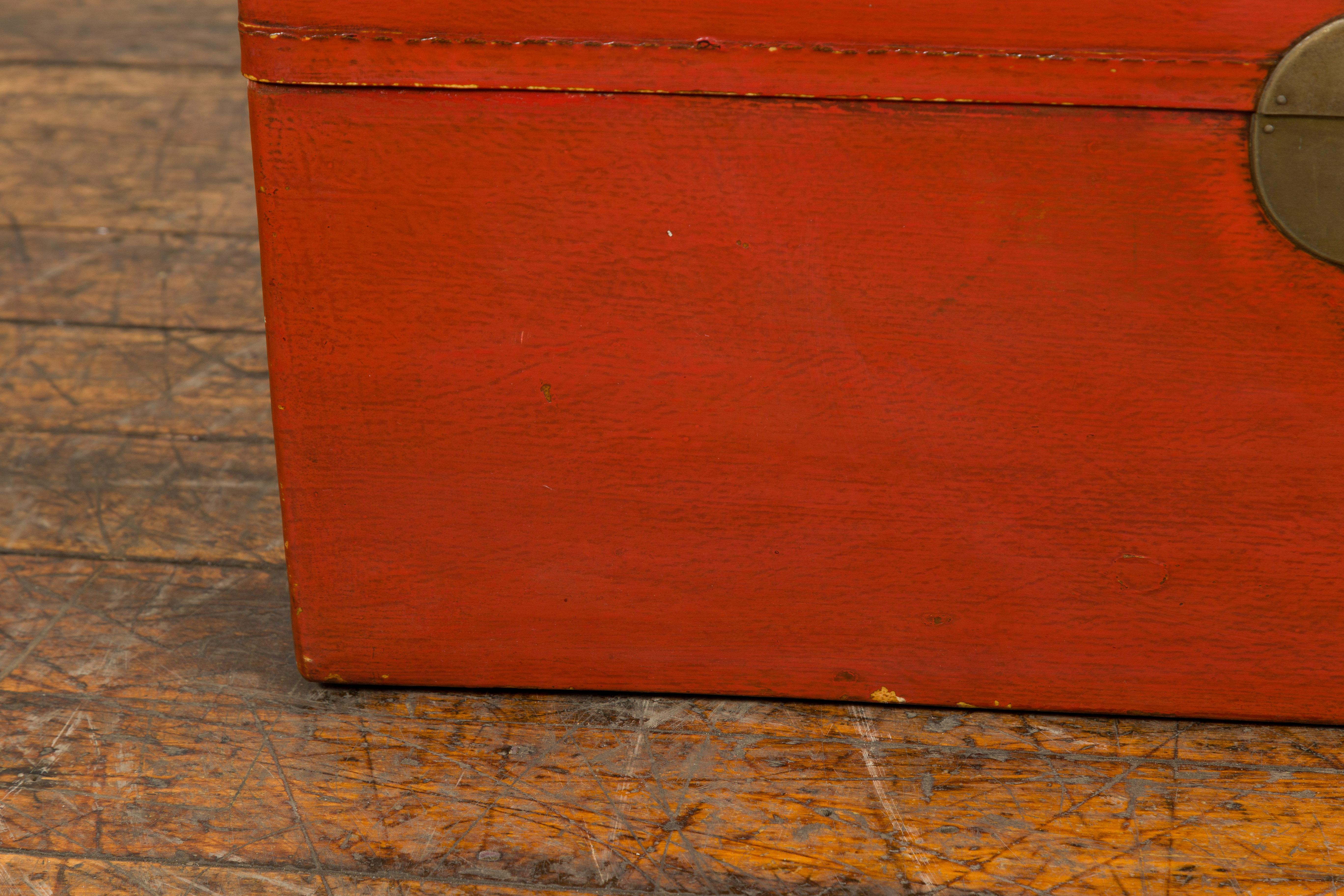 20th Century Chinese Vintage Red Leather Lacquer Blanket Chest with Brass Hardware For Sale