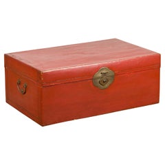 Chinese Vintage Red Leather Lacquer Blanket Chest with Brass Hardware