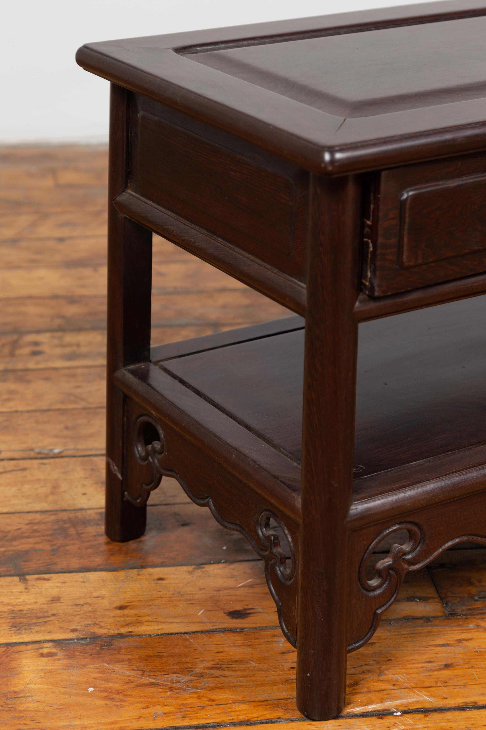 Chinese Vintage Rosewood Low Side Table with Two Drawers and Shelf For Sale 3