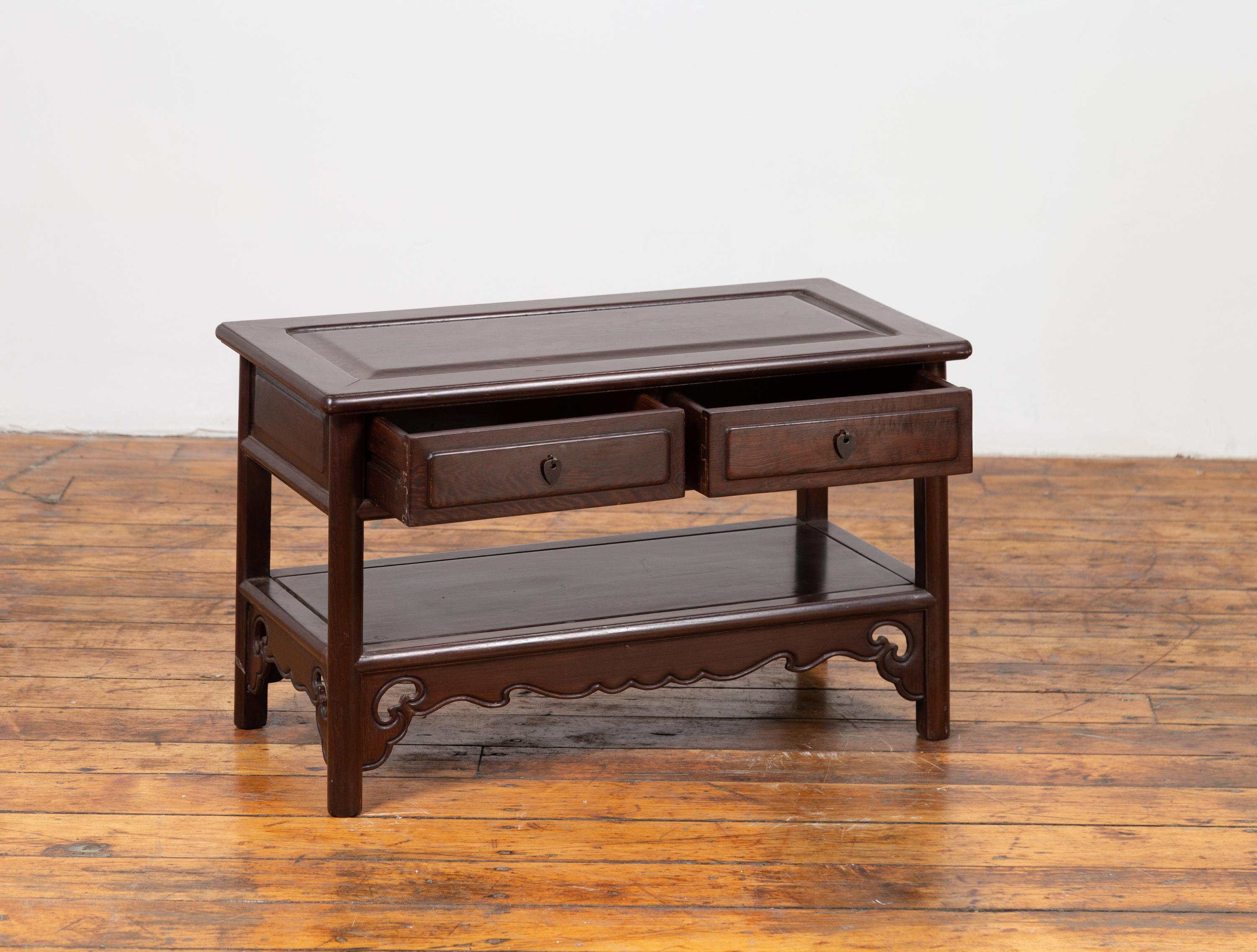 Chinese Vintage Rosewood Low Side Table with Two Drawers and Shelf For Sale 5