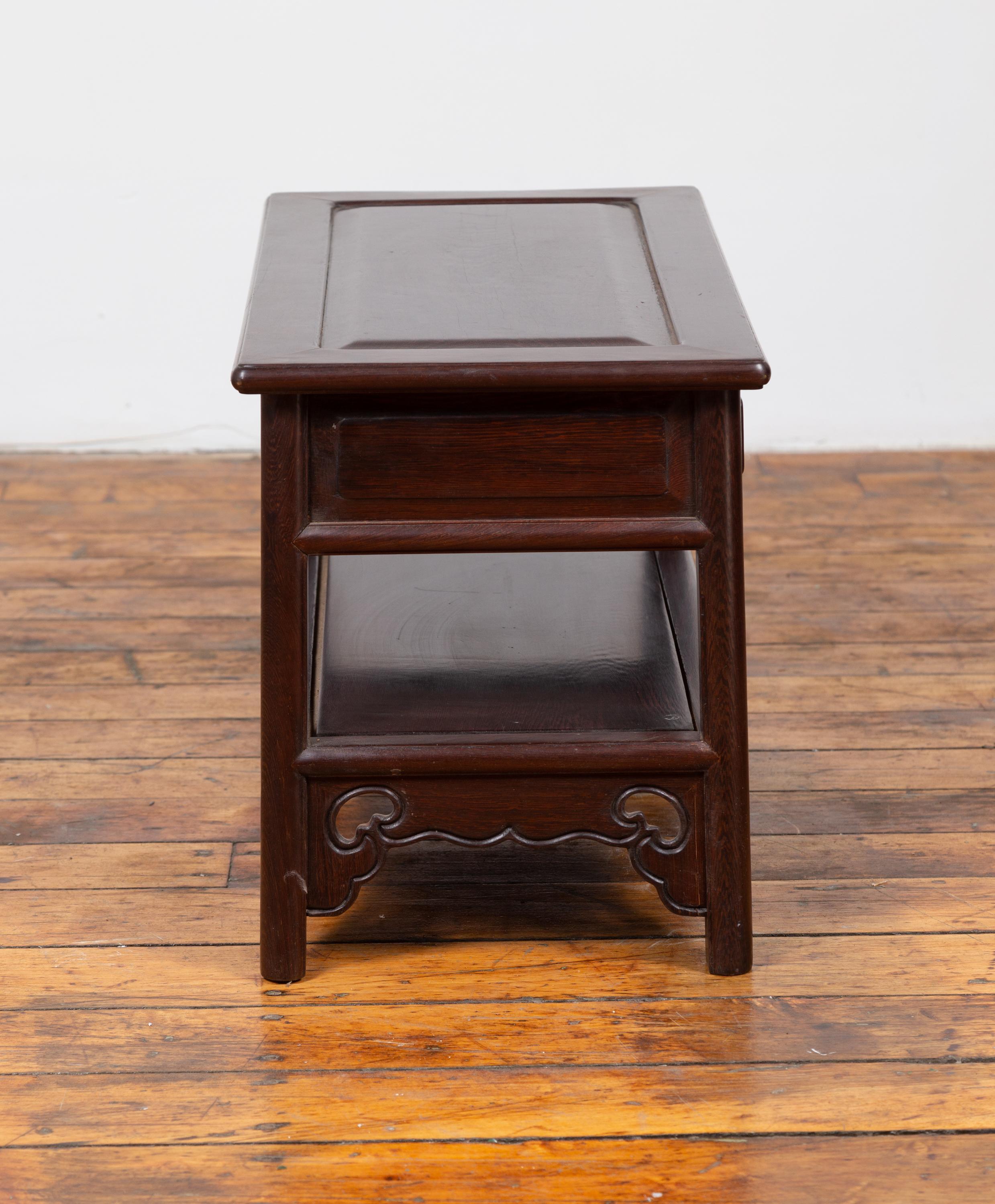 Chinese Vintage Rosewood Low Side Table with Two Drawers and Shelf For Sale 6
