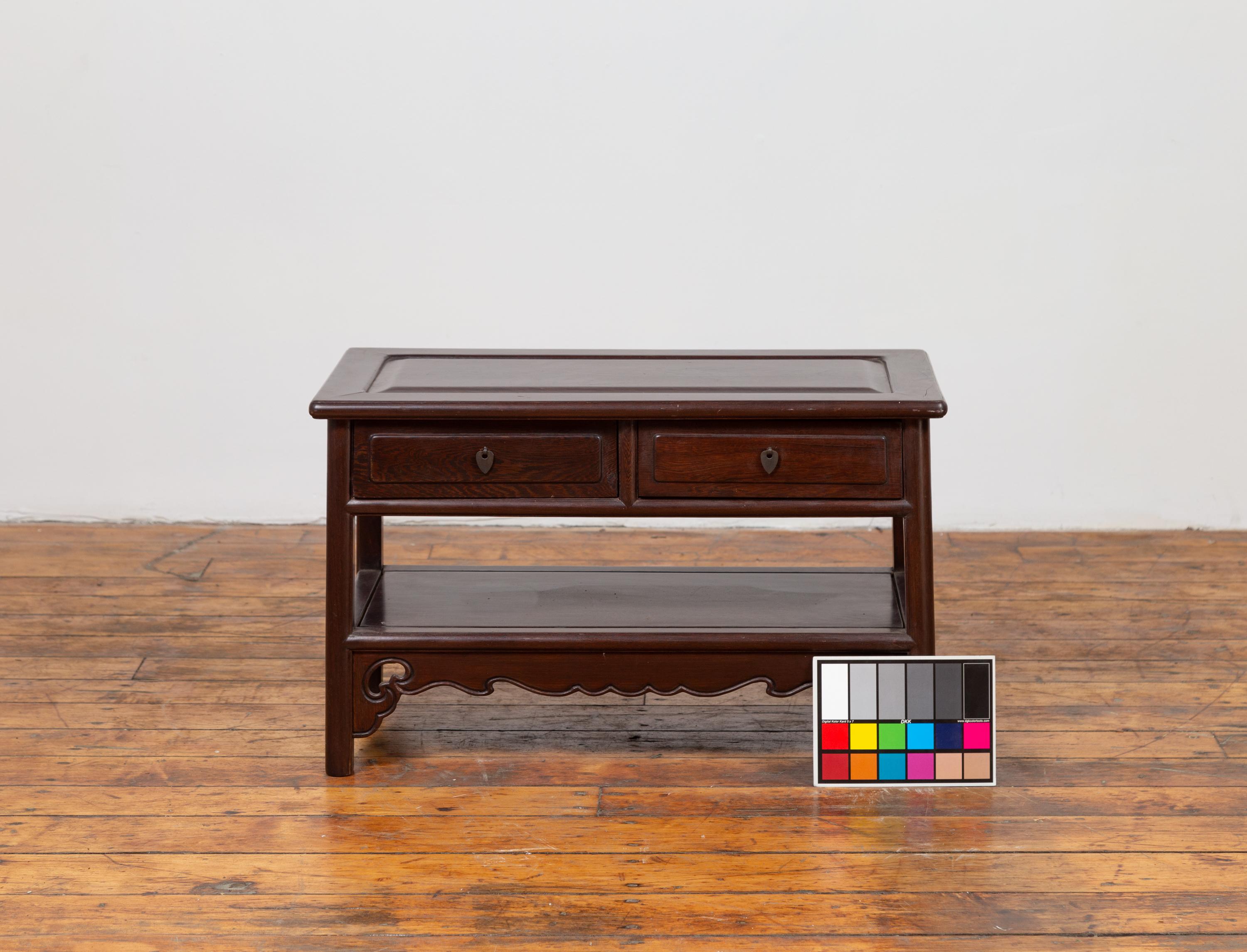 Chinese Vintage Rosewood Low Side Table with Two Drawers and Shelf For Sale 10