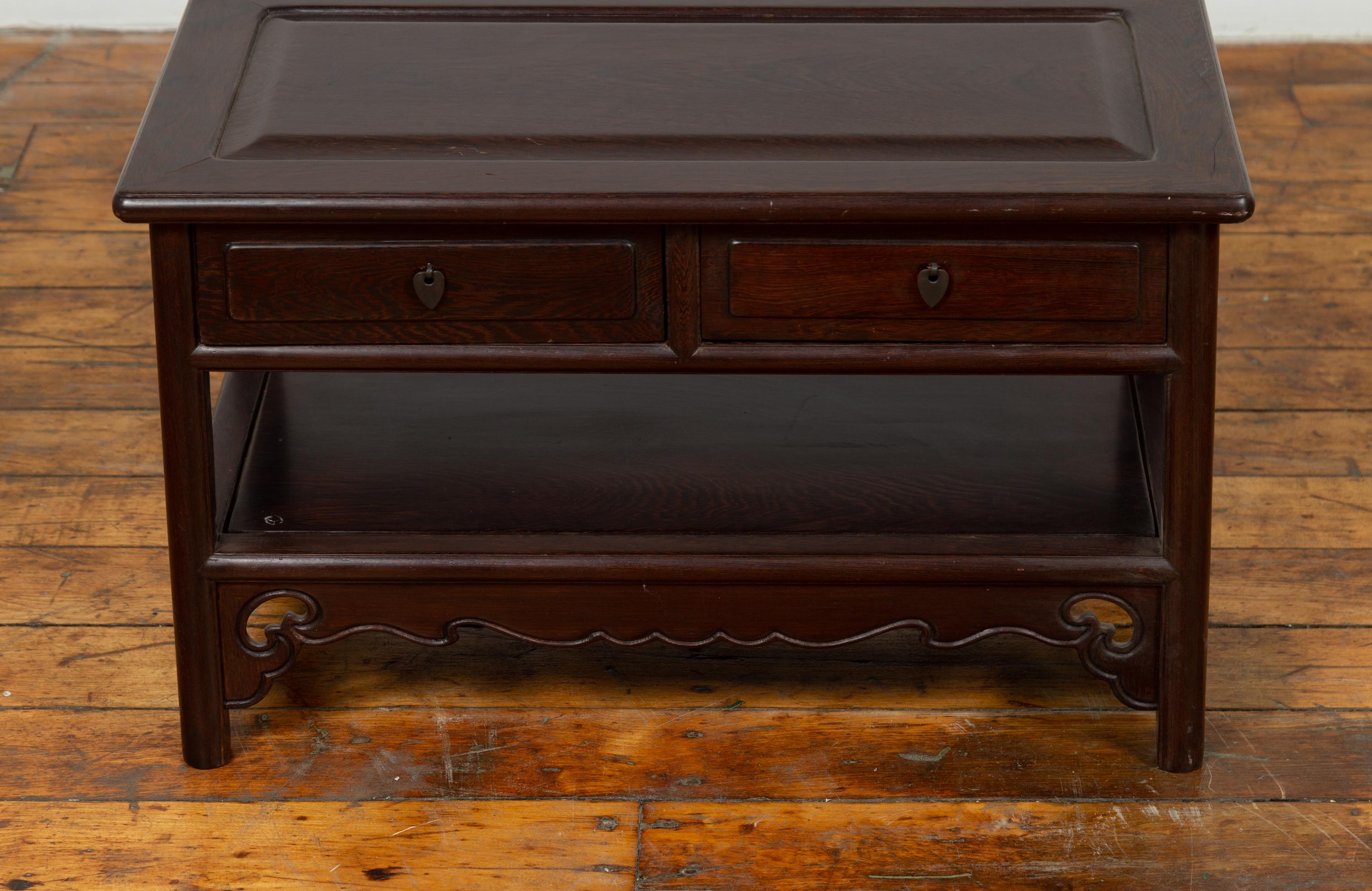 20th Century Chinese Vintage Rosewood Low Side Table with Two Drawers and Shelf For Sale