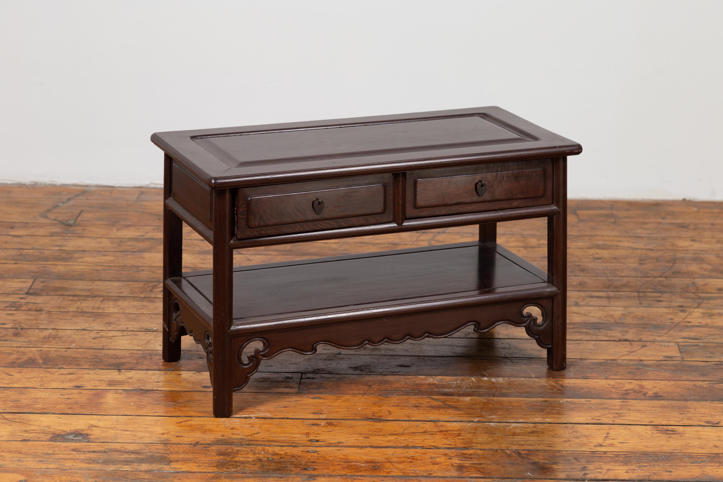 Chinese Vintage Rosewood Low Side Table with Two Drawers and Shelf For Sale 1