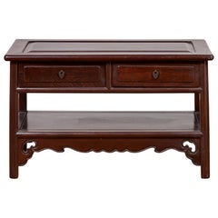 Vintage Rosewood Low Side Table with Two Drawers, Carved Apron and Shelf