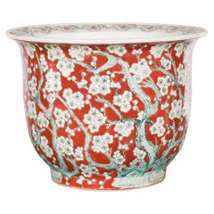 Chinese Vintage Round Porcelain Planter with Red Ground and Blooming Trees