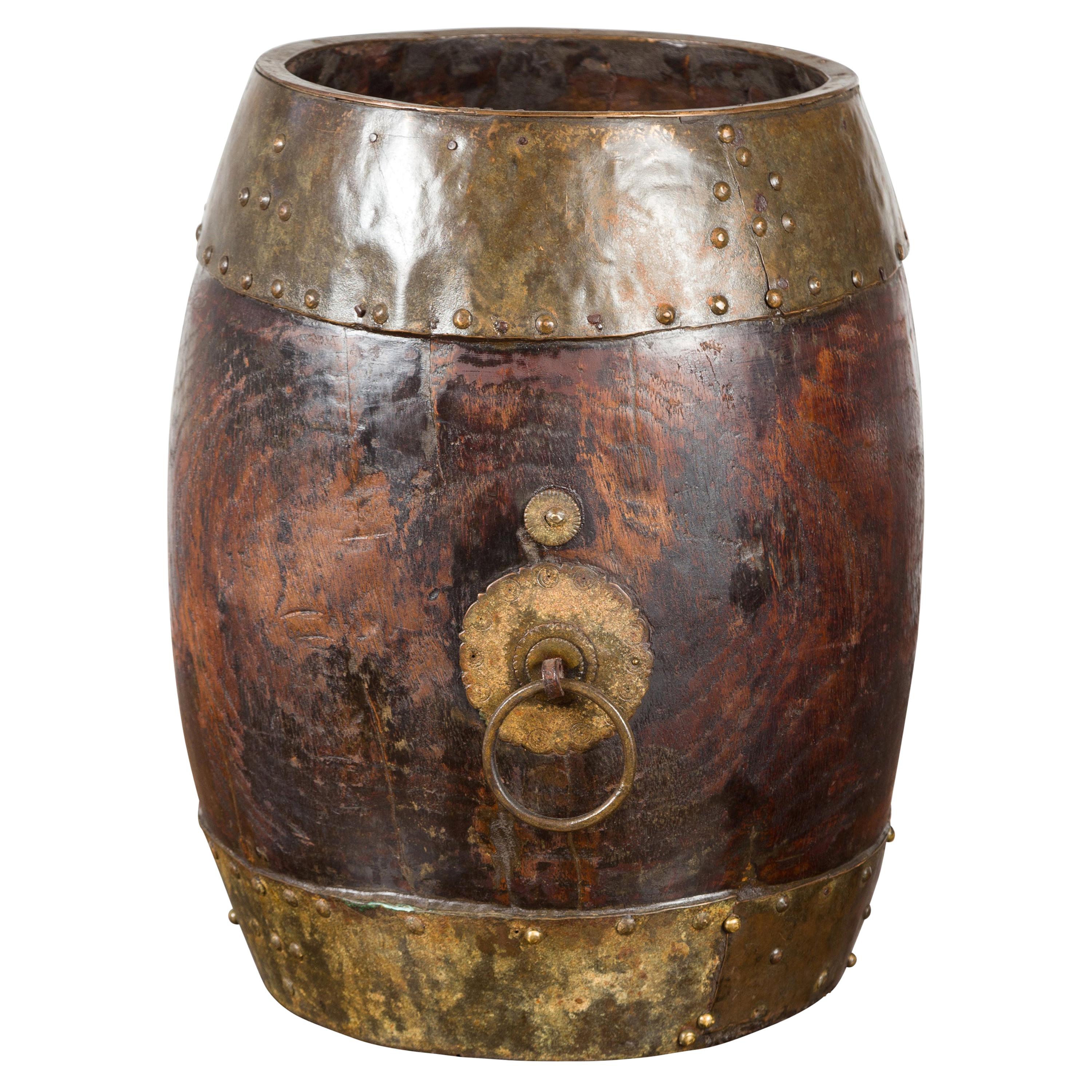 Chinese Vintage Rustic Wooden Bucket with Brass Accents and Ornate Backplate For Sale