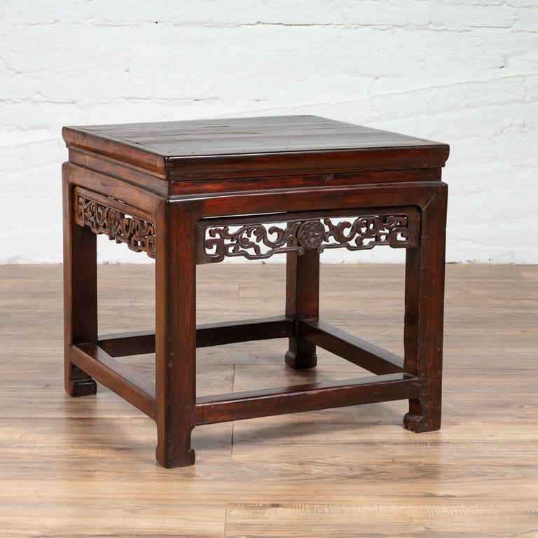 Chinese Vintage Side Table with Dark Wood Patina and Hand Carved Foliage  Décor at 1stDibs