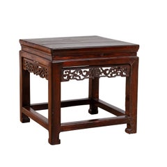 Chinese Vintage Side Table with Dark Wood Patina and Hand Carved Foliage Décor