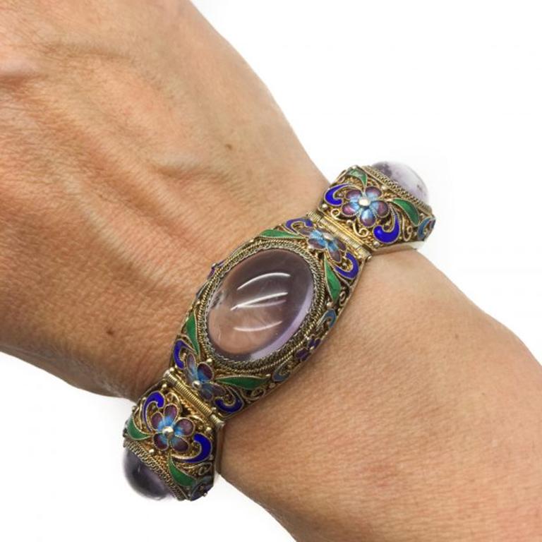 Chinese Vintage Silver Bracelet Natural Amethyst Enamel Detail 1920S In Good Condition In Wilmslow, GB