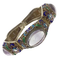 Chinese Vintage Silver Bracelet Natural Amethyst Enamel Detail 1920S