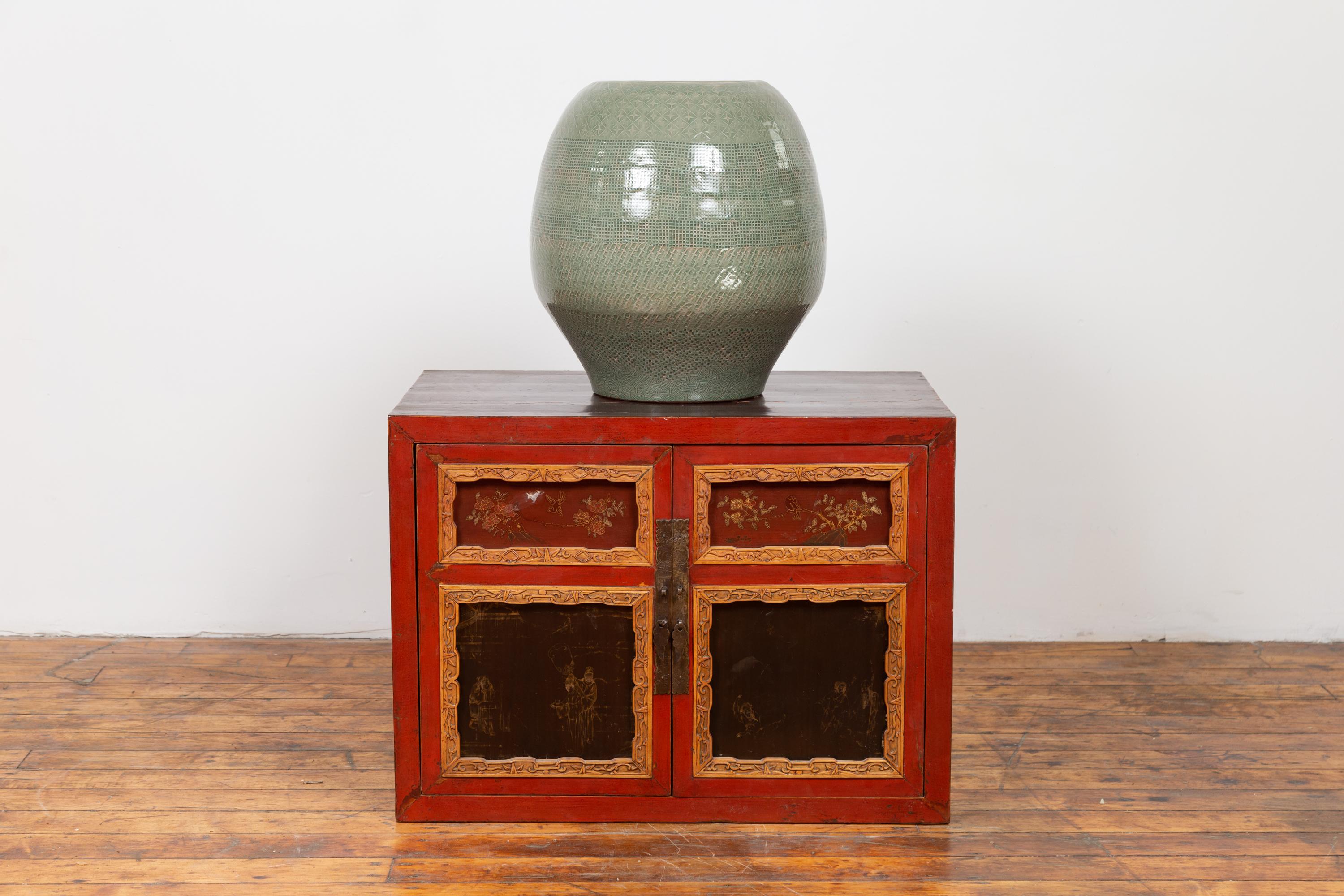 Chinese Vintage Small Red Lacquered Cabinet with Carved and Hand Painted Motifs 4