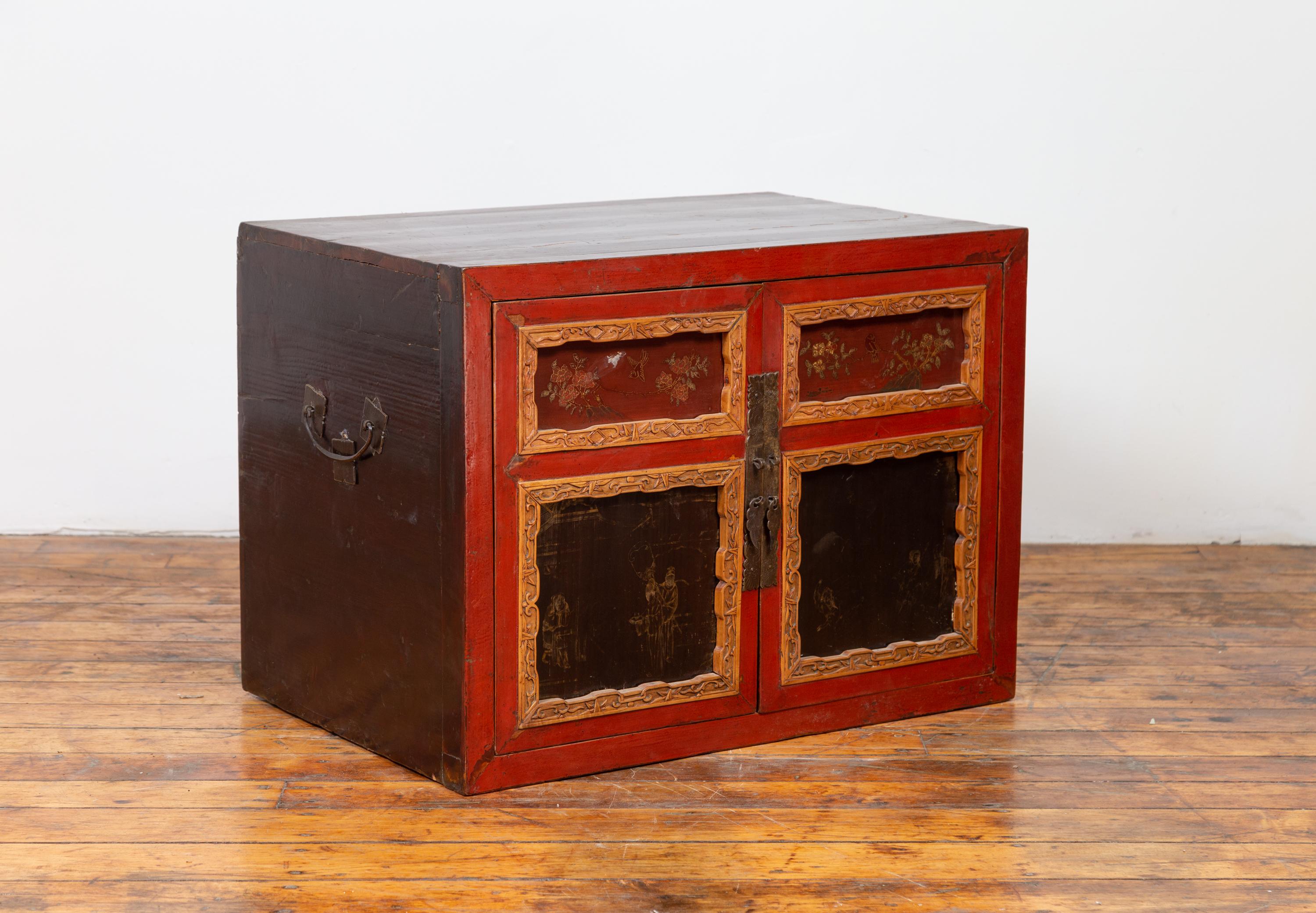 Chinese Vintage Small Red Lacquered Cabinet with Carved and Hand Painted Motifs 5