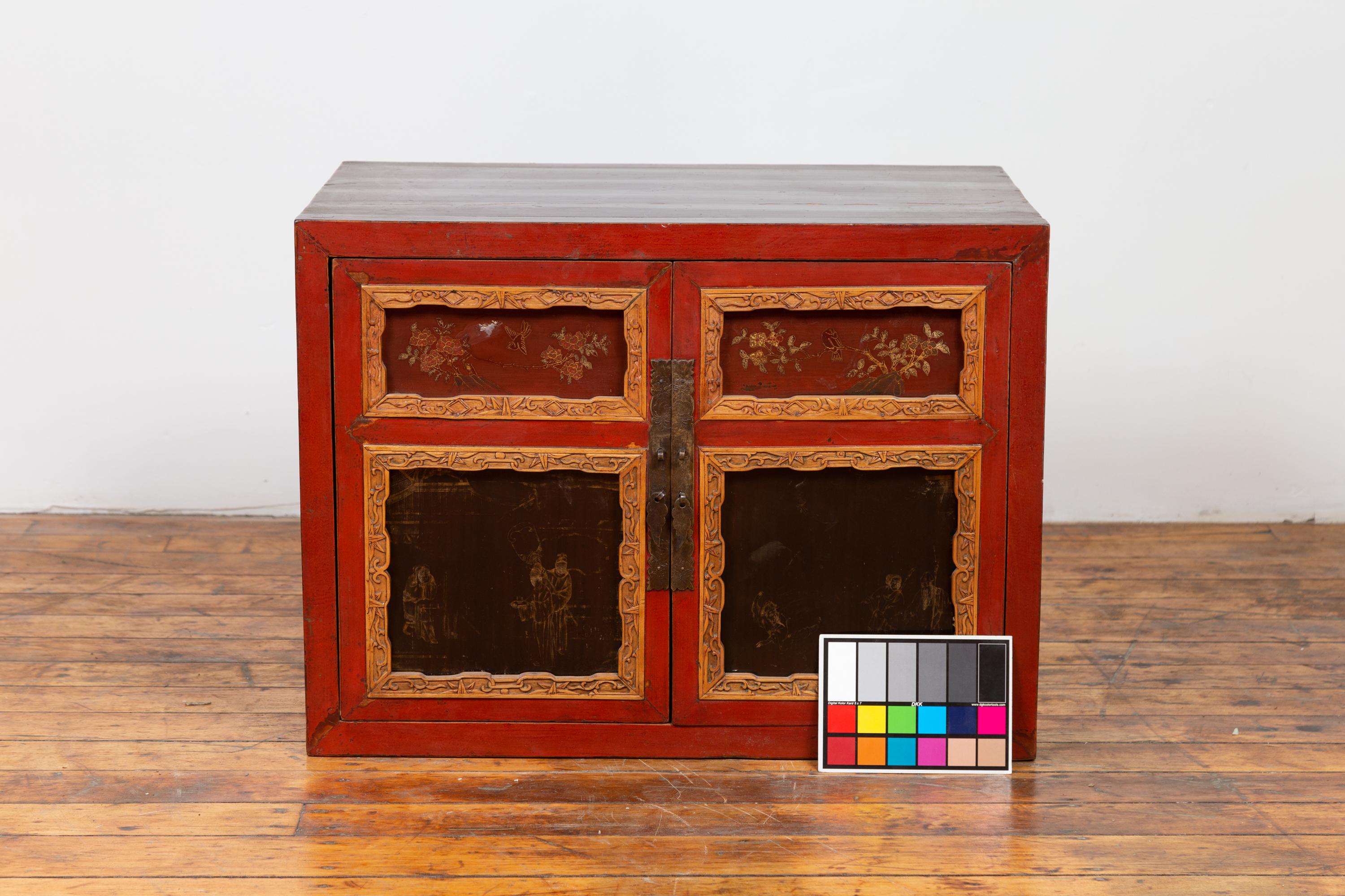 Chinese Vintage Small Red Lacquered Cabinet with Carved and Hand Painted Motifs 9