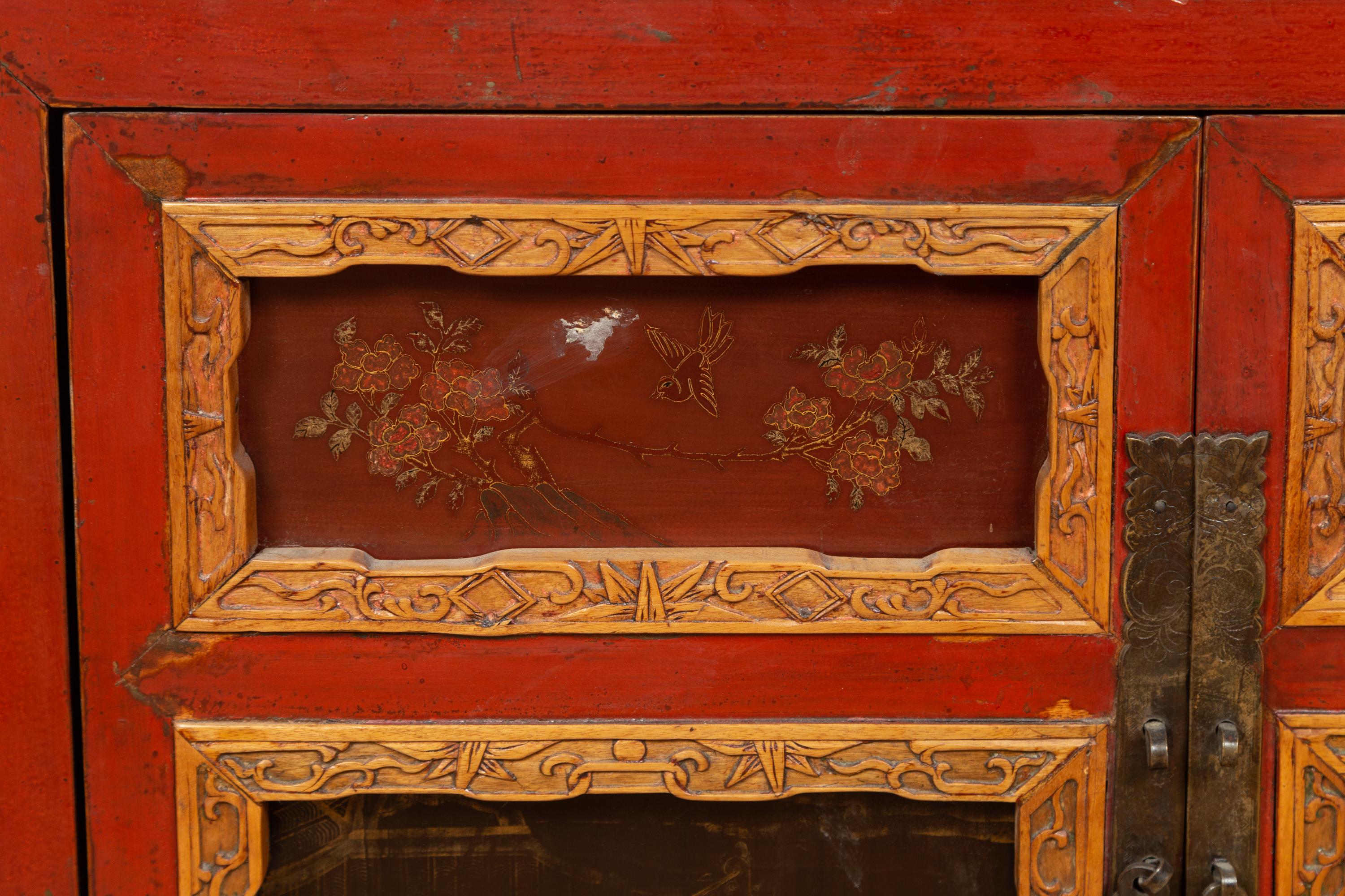 Chinese Vintage Small Red Lacquered Cabinet with Carved and Hand Painted Motifs In Good Condition In Yonkers, NY