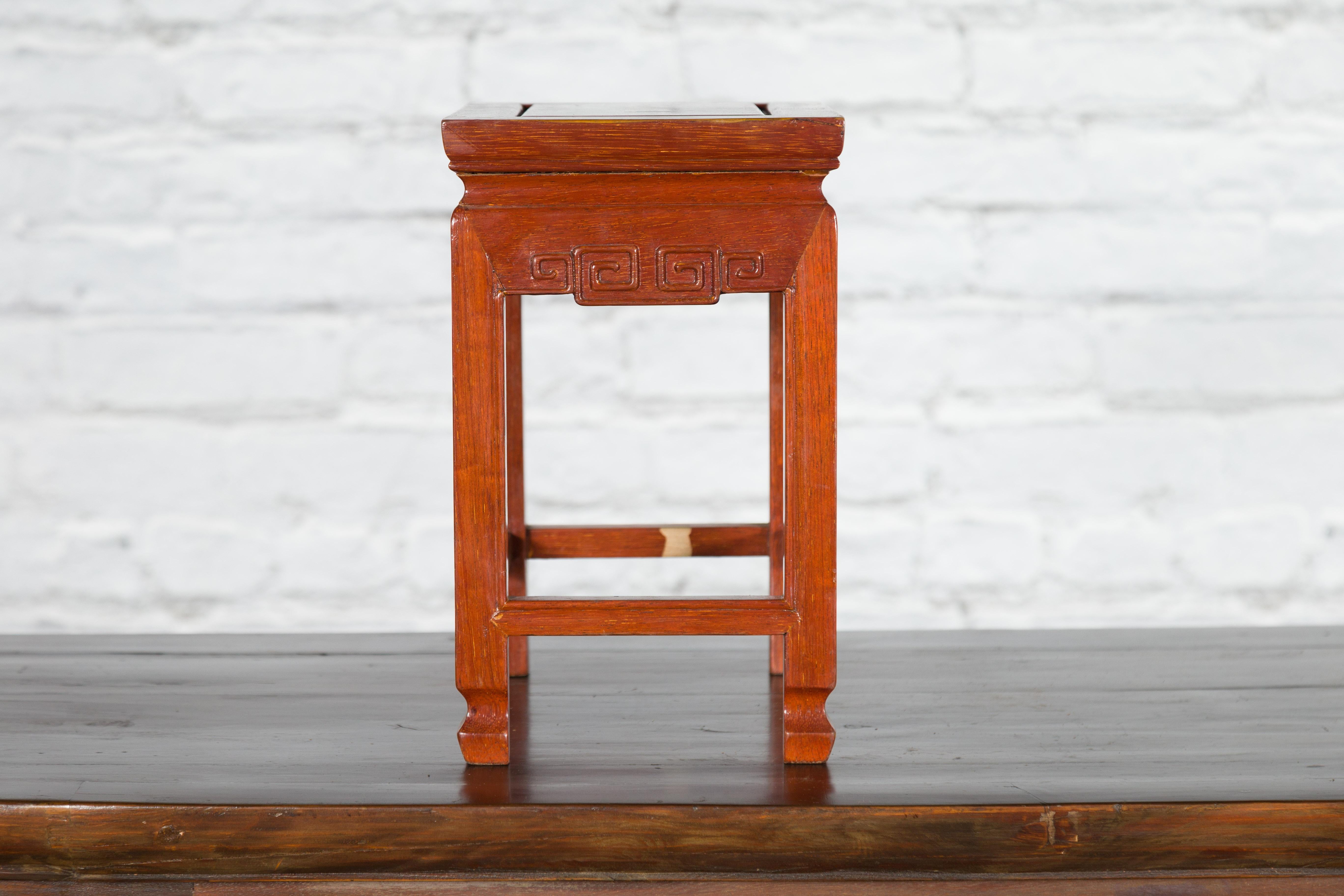 Chinese Vintage Small Stool with Scroll-Carved Apron and Side Stretchers For Sale 4