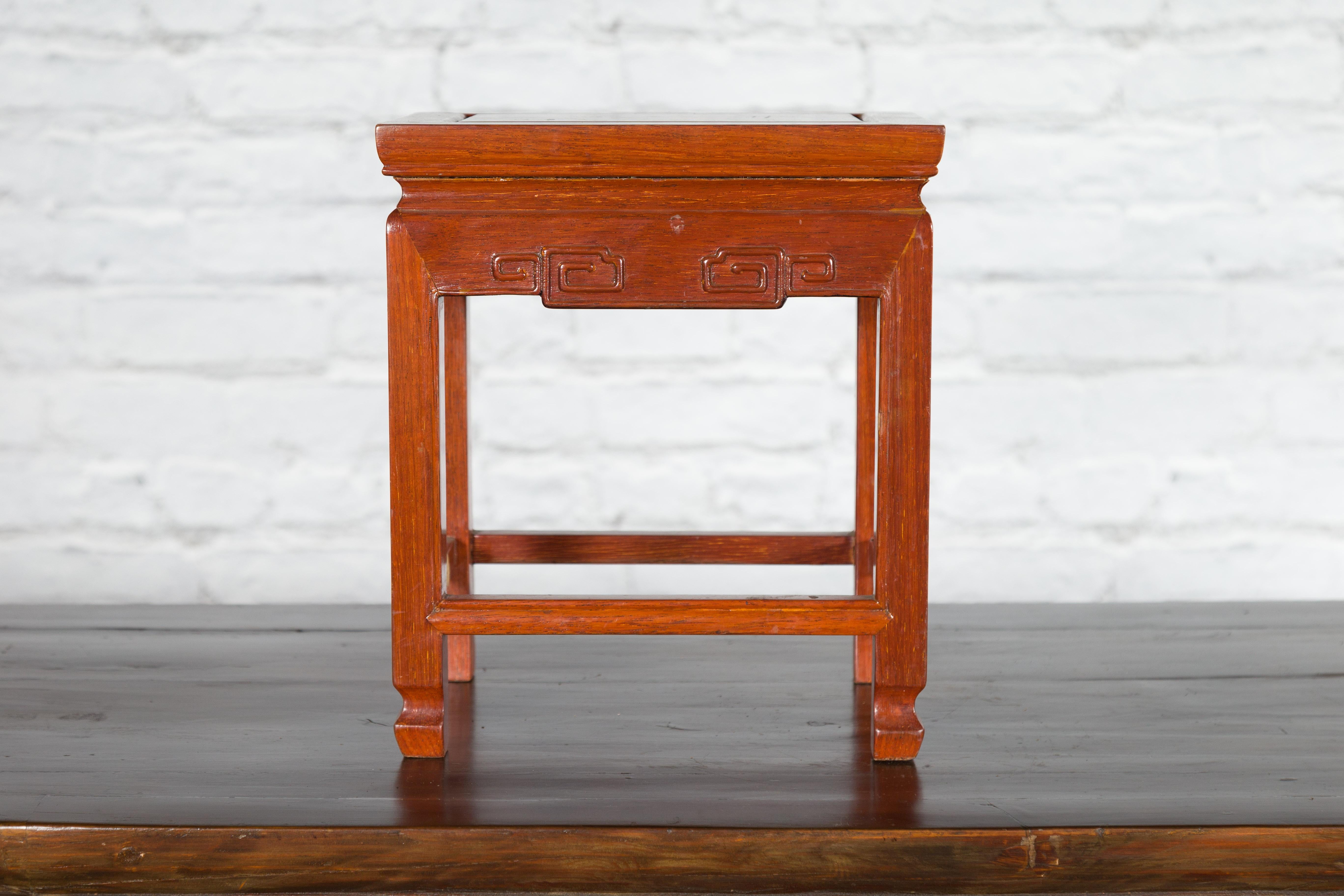 Chinese Vintage Small Stool with Scroll-Carved Apron and Side Stretchers For Sale 5