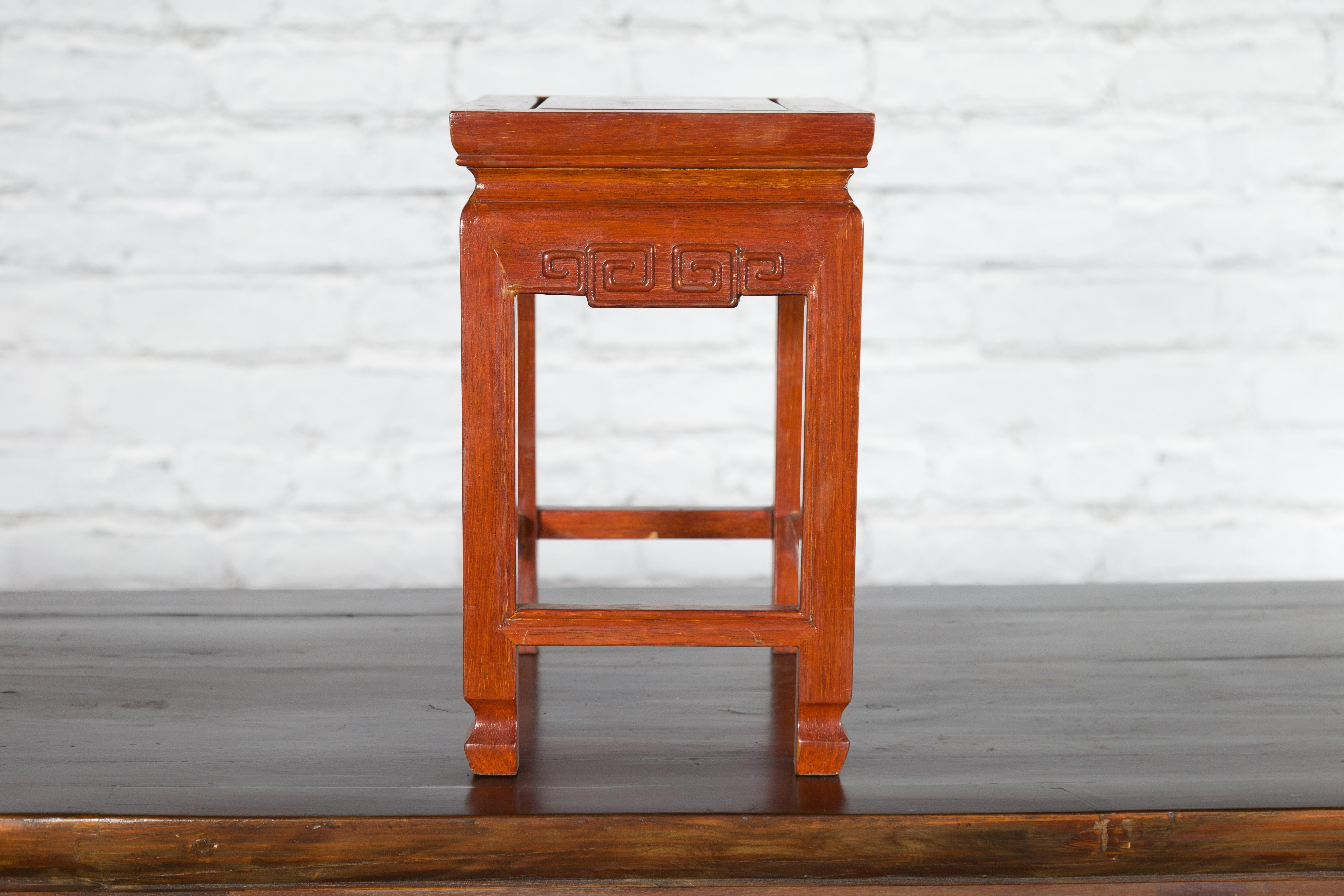 Chinese Vintage Small Stool with Scroll-Carved Apron and Side Stretchers For Sale 6