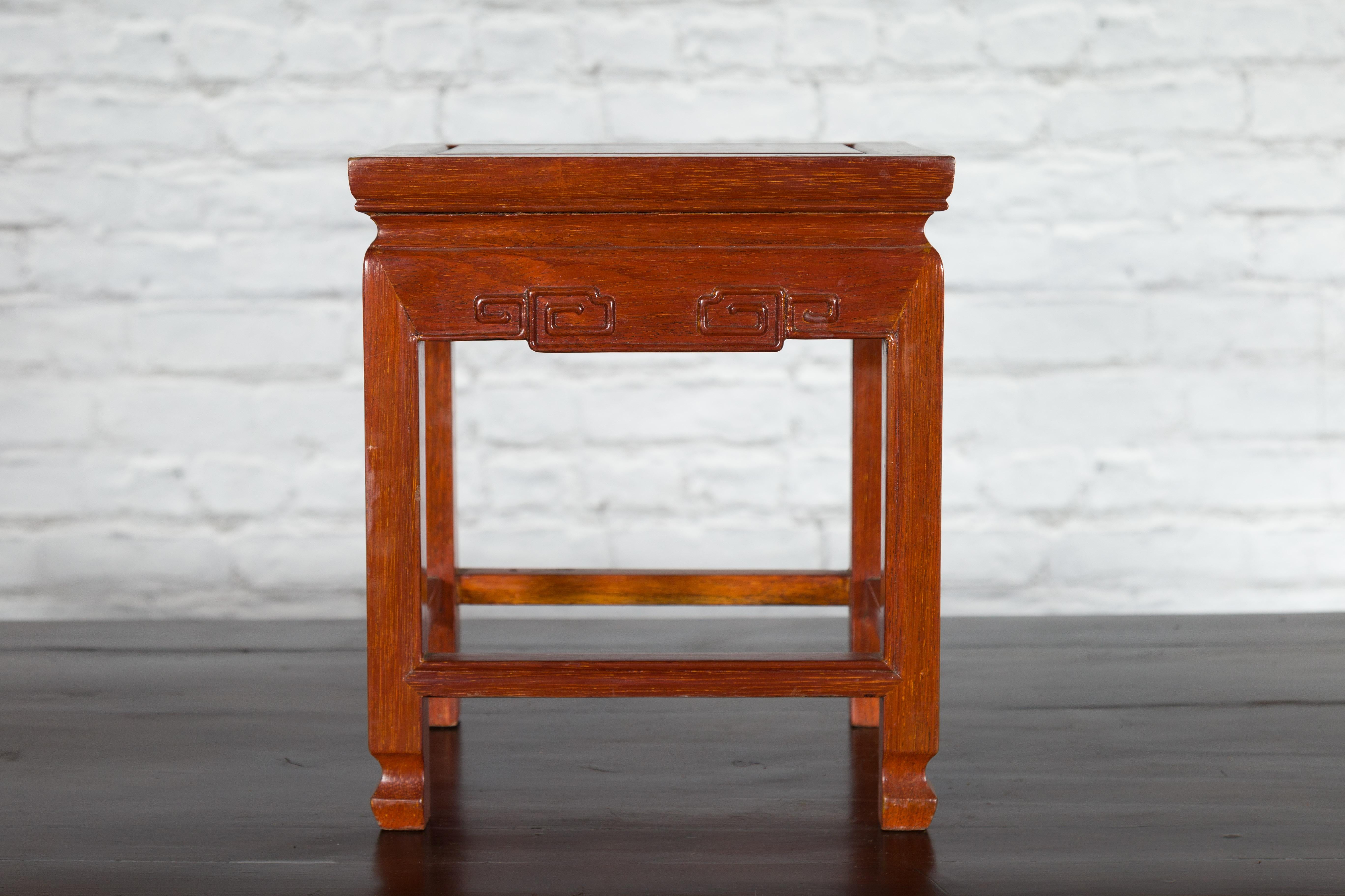 Chinese Vintage Small Stool with Scroll-Carved Apron and Side Stretchers In Good Condition For Sale In Yonkers, NY