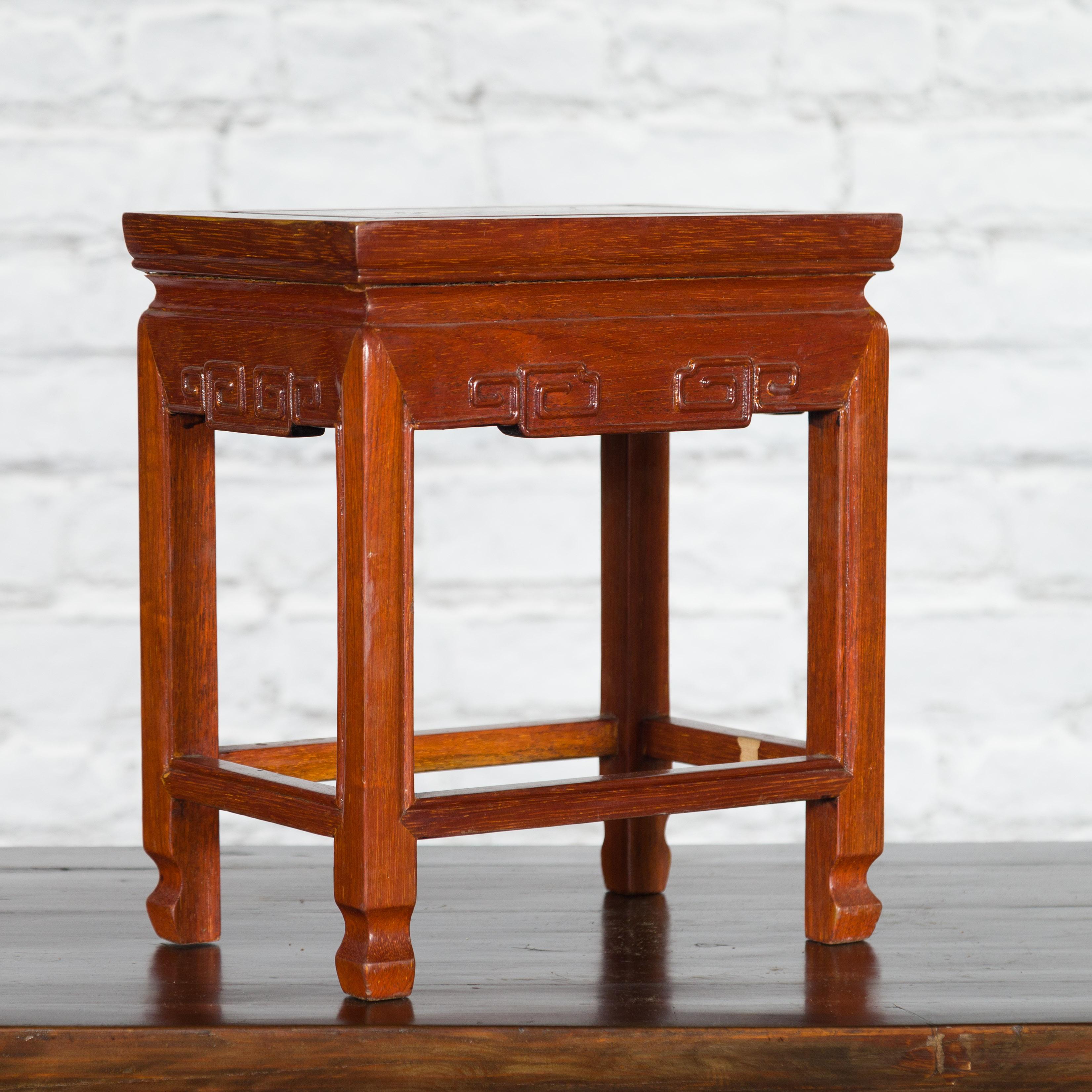 Chinese Vintage Small Stool with Scroll-Carved Apron and Side Stretchers For Sale 3