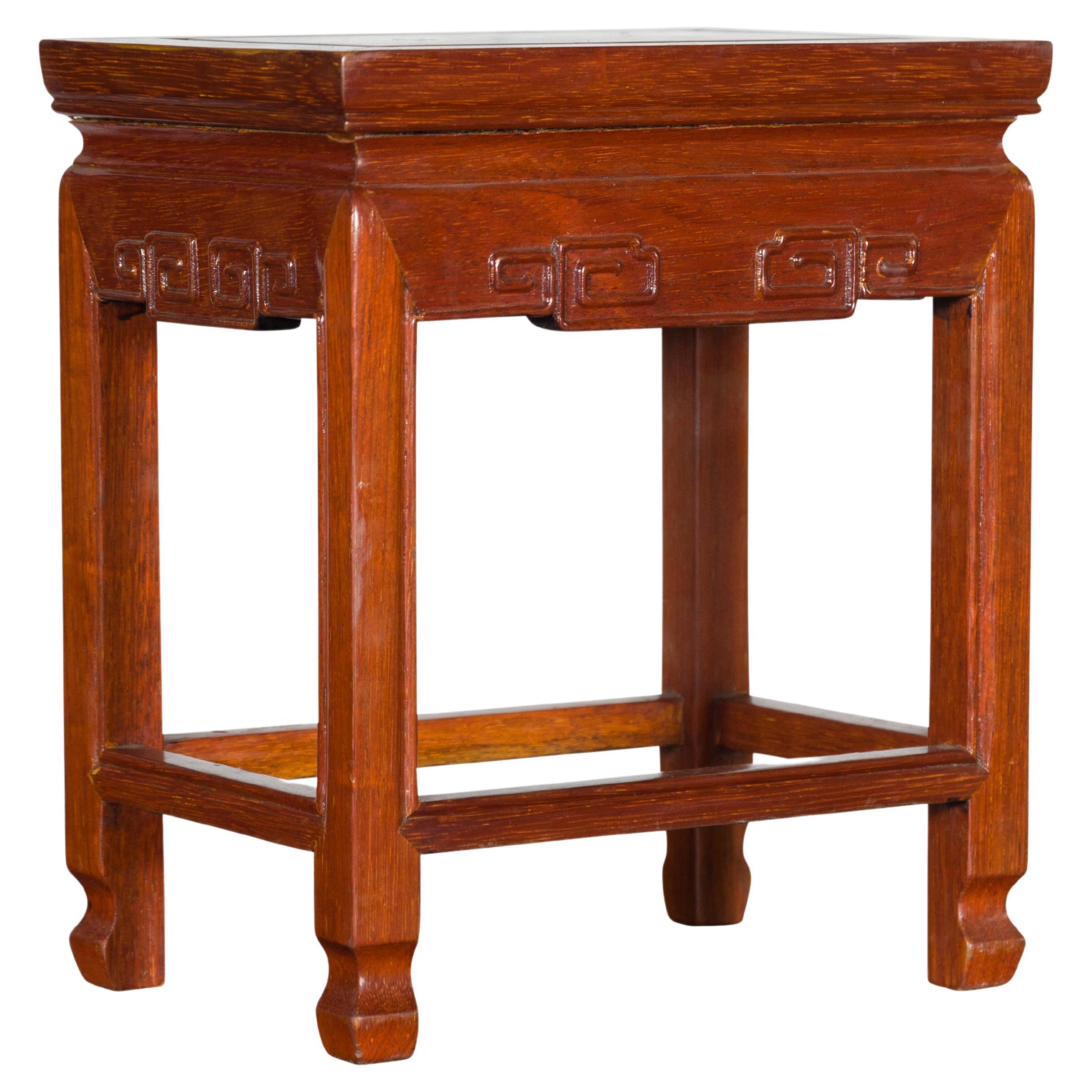 Chinese Vintage Small Stool with Scroll-Carved Apron and Side Stretchers For Sale