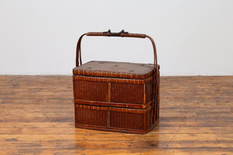 Chinese Vintage Small Tiered Rattan Picnic Basket with Large Handle at