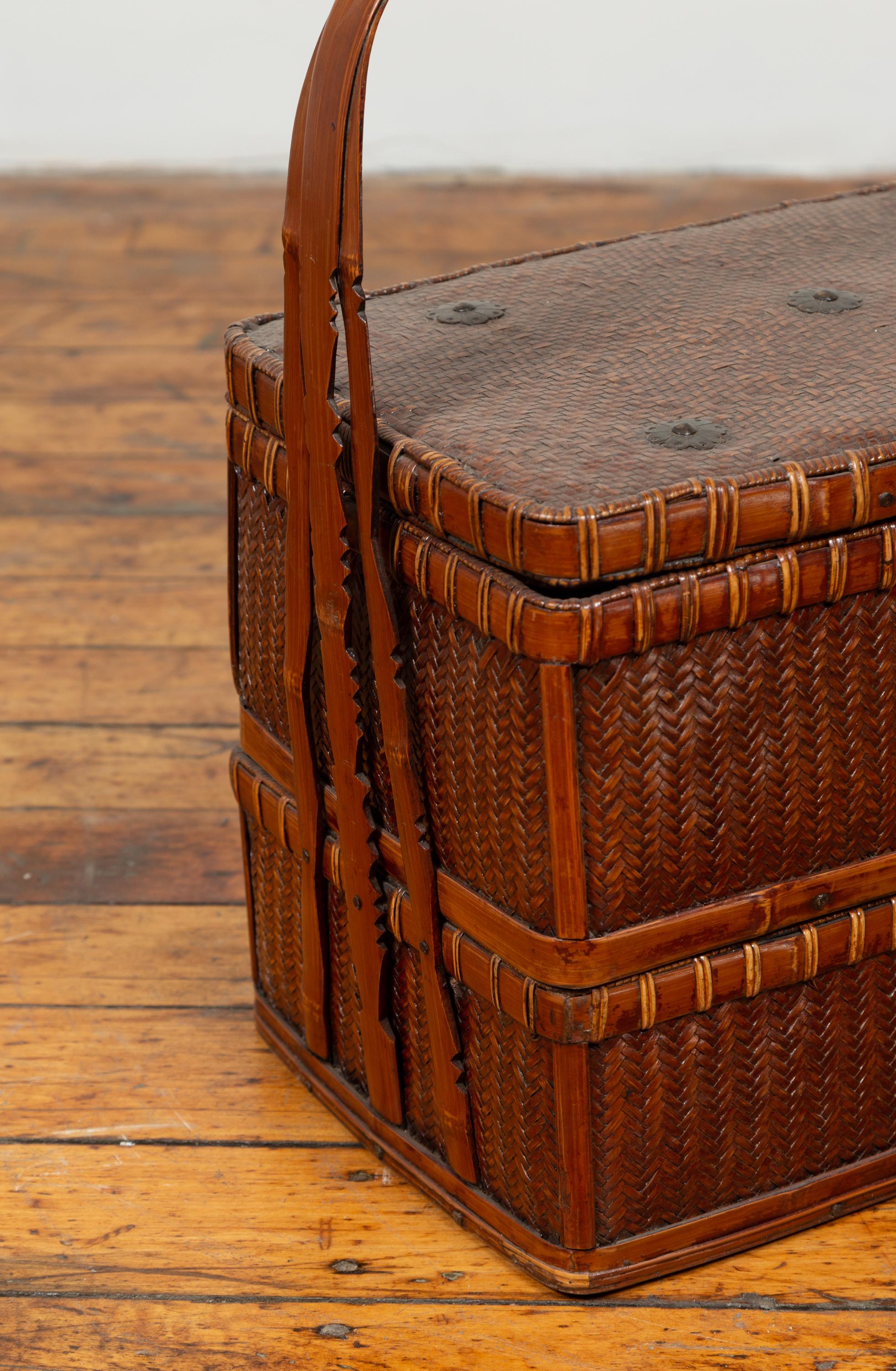 Bamboo Chinese Vintage Small Tiered Rattan Picnic Basket with Large Handle