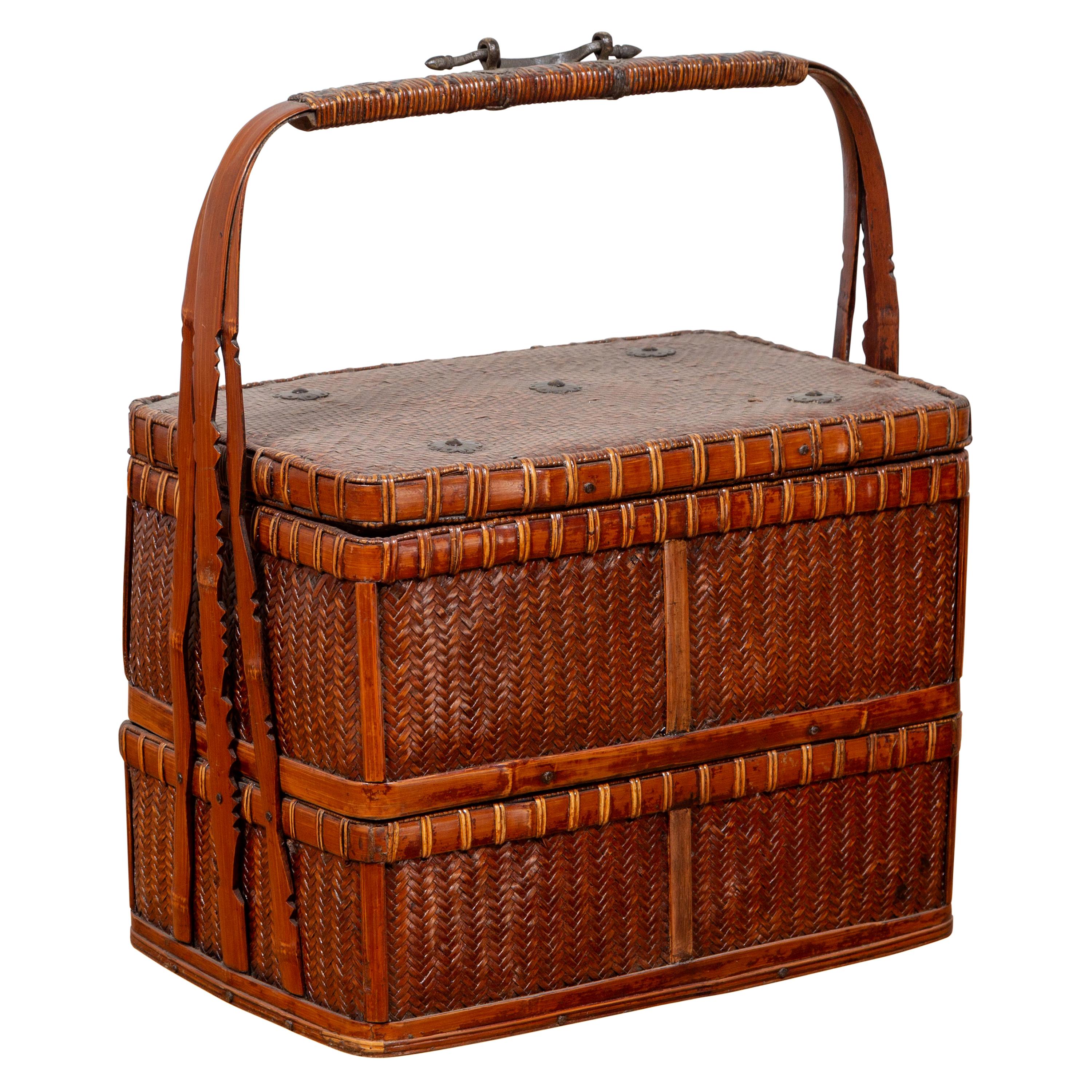 Chinese Vintage Small Tiered Rattan Picnic Basket with Large Handle at