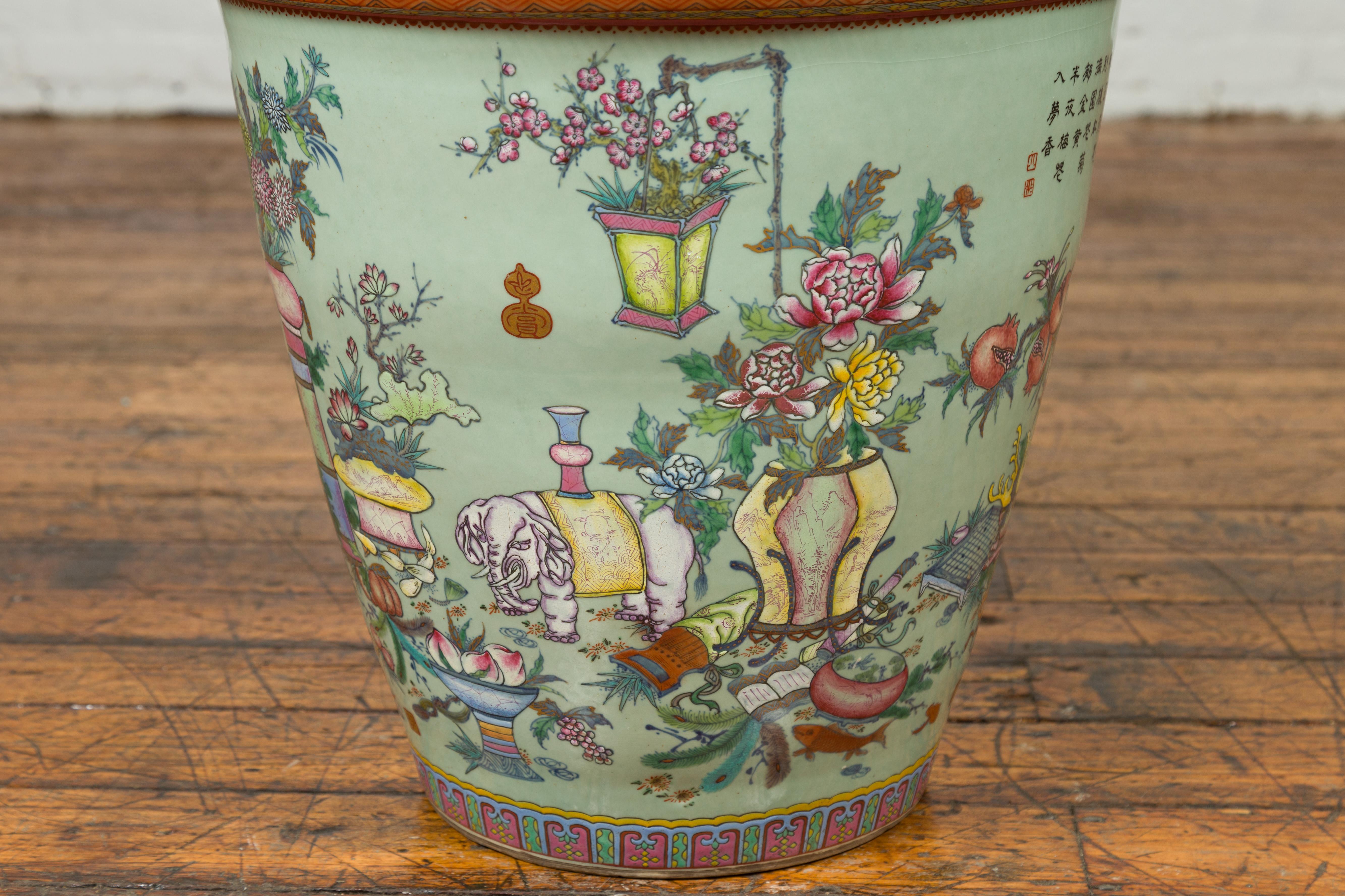 Asian Chinese Vintage Soft Green Vase with Hand Painted Decor of Flowers and Elephants