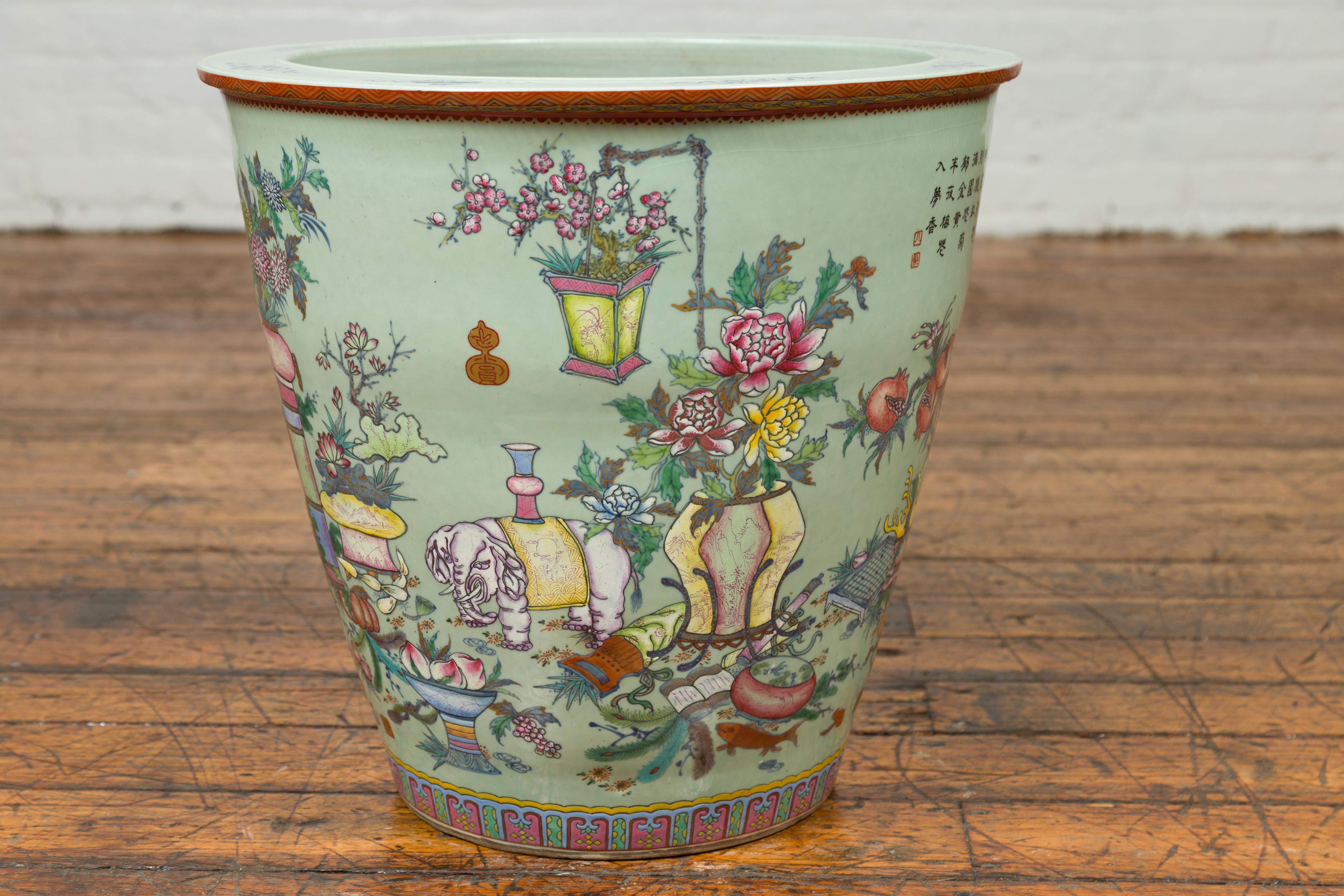 Chinese Vintage Soft Green Vase with Hand Painted Decor of Flowers and Elephants In Good Condition In Yonkers, NY