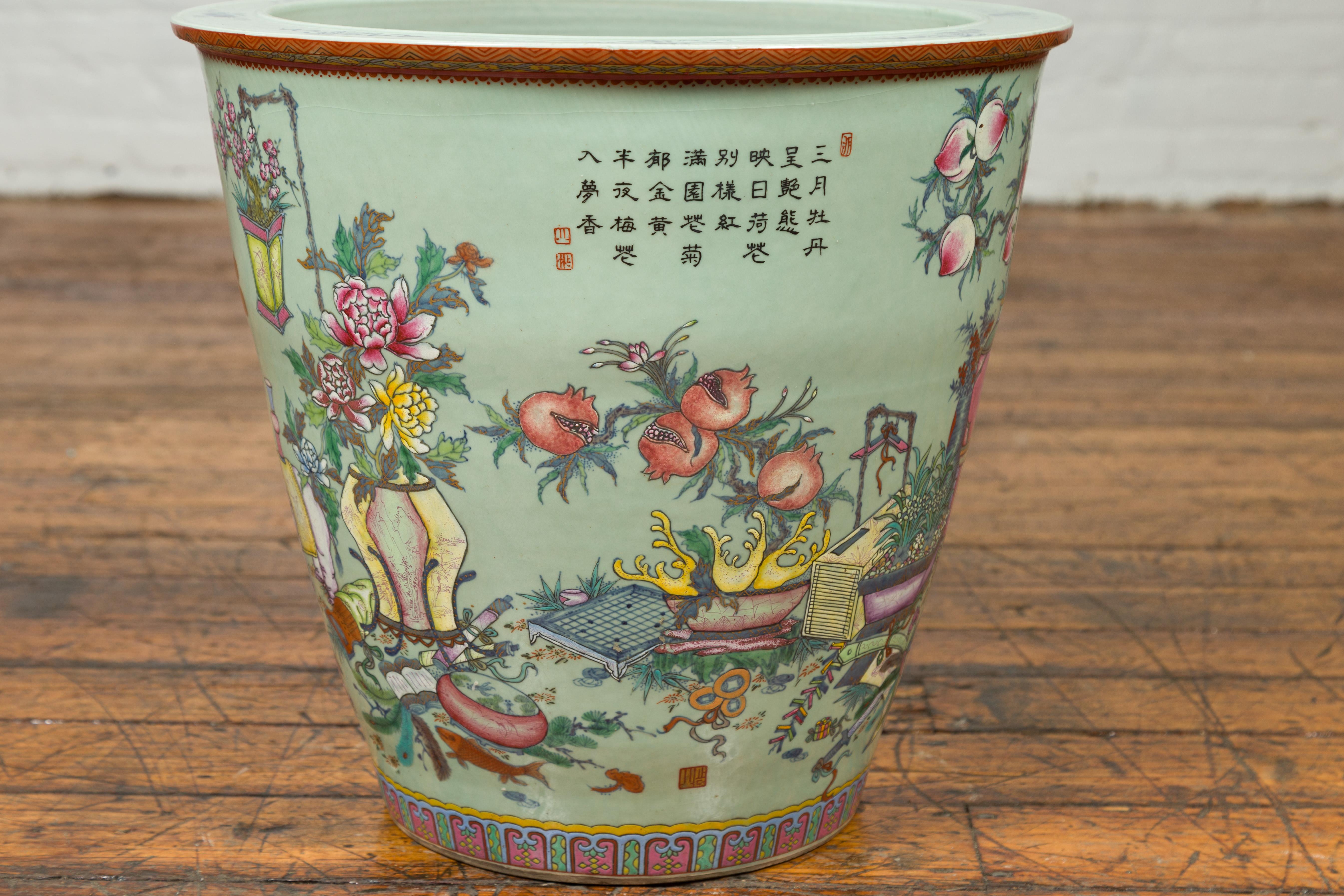 Chinese Vintage Soft Green Vase with Hand Painted Decor of Flowers and Elephants 1