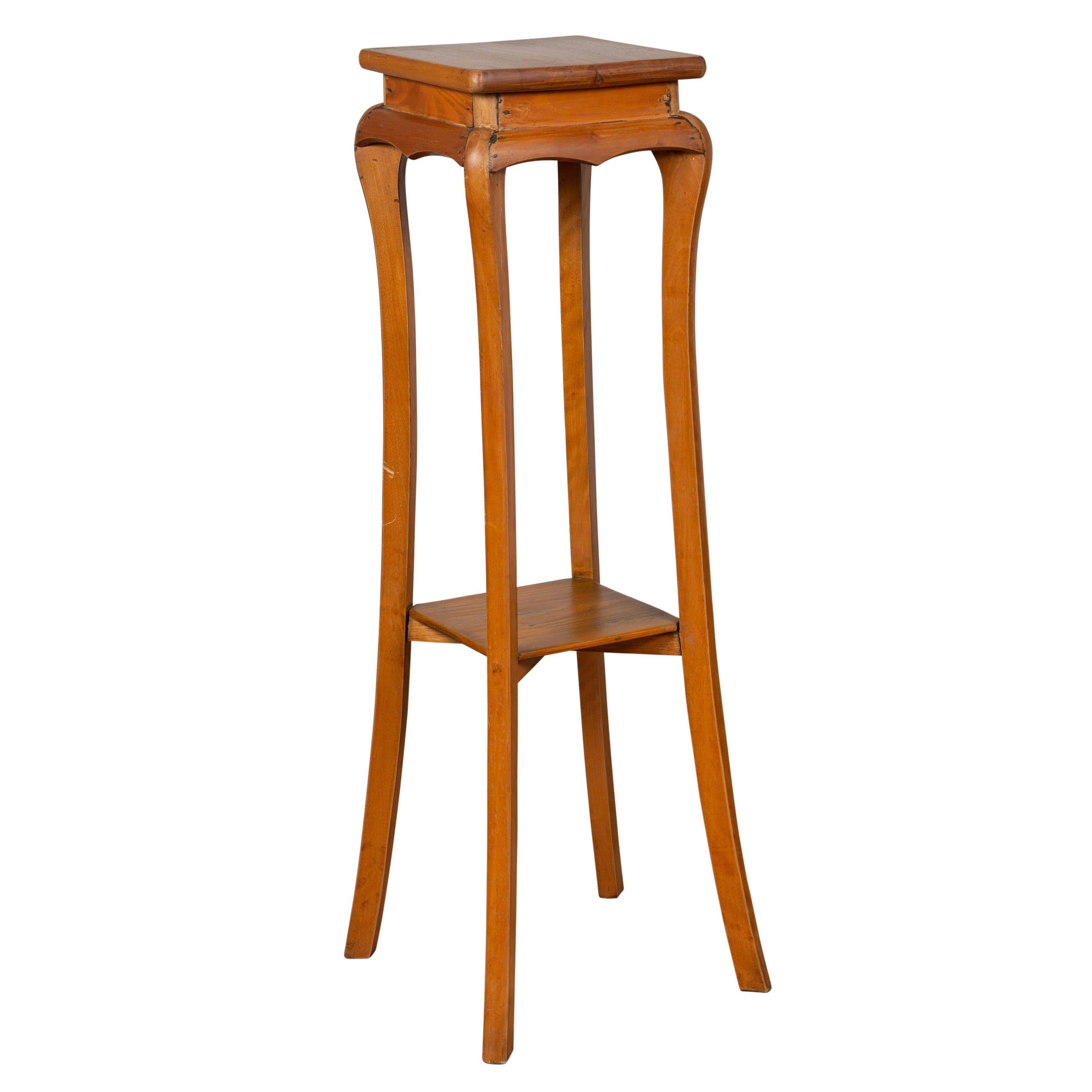 Chinese Vintage Tall Wooden Pedestal with Cabriole Legs and Lower Shelf