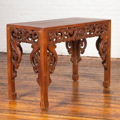 Chinese Vintage Teak Console Table with Carved Apron and Scrolled Feet