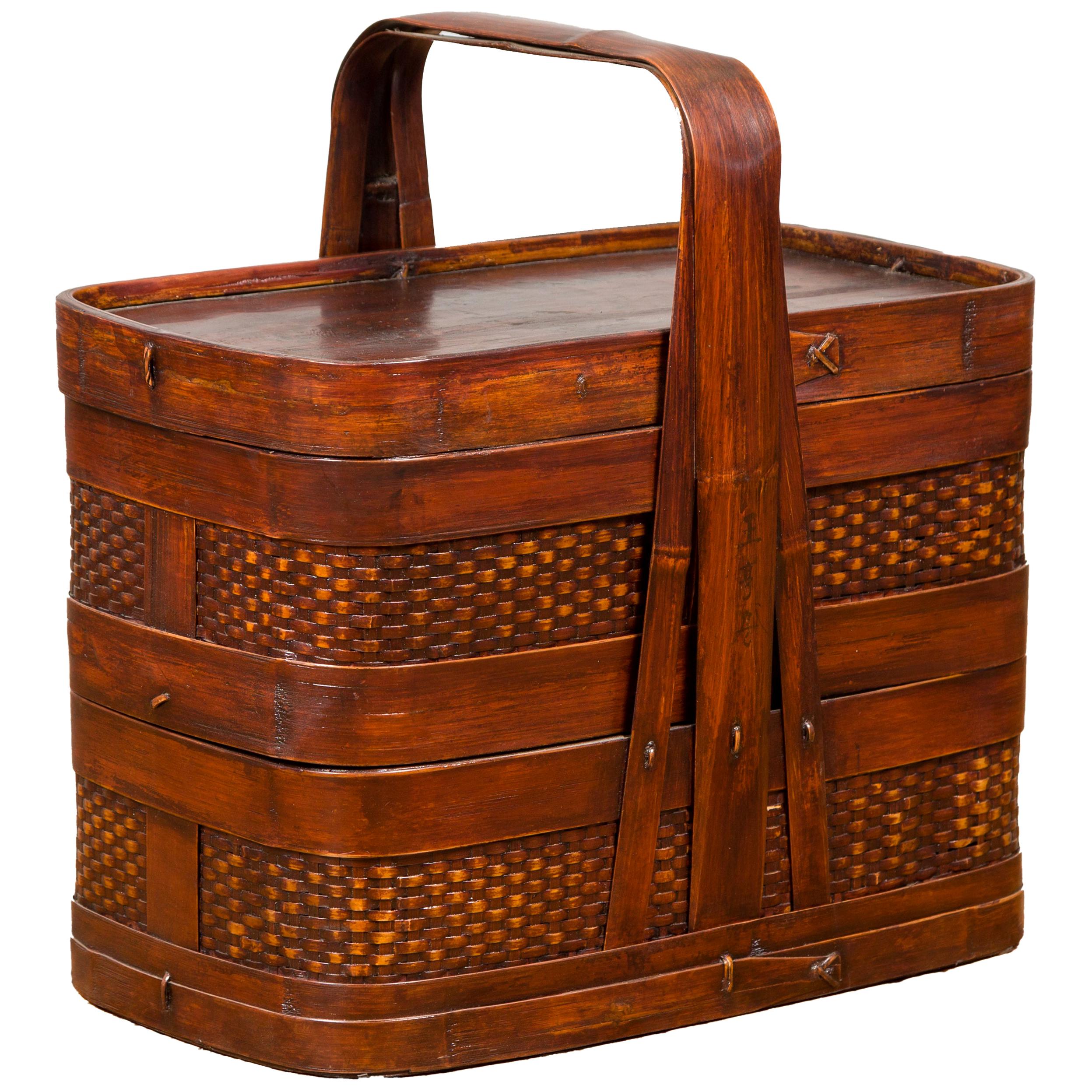 Chinese Vintage Two-Tiered Bamboo and Rattan Lunch Basket with Large Handle  For Sale at 1stDibs