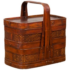 Chinese Vintage Two-Tiered Bamboo and Rattan Lunch Basket with Large Handle