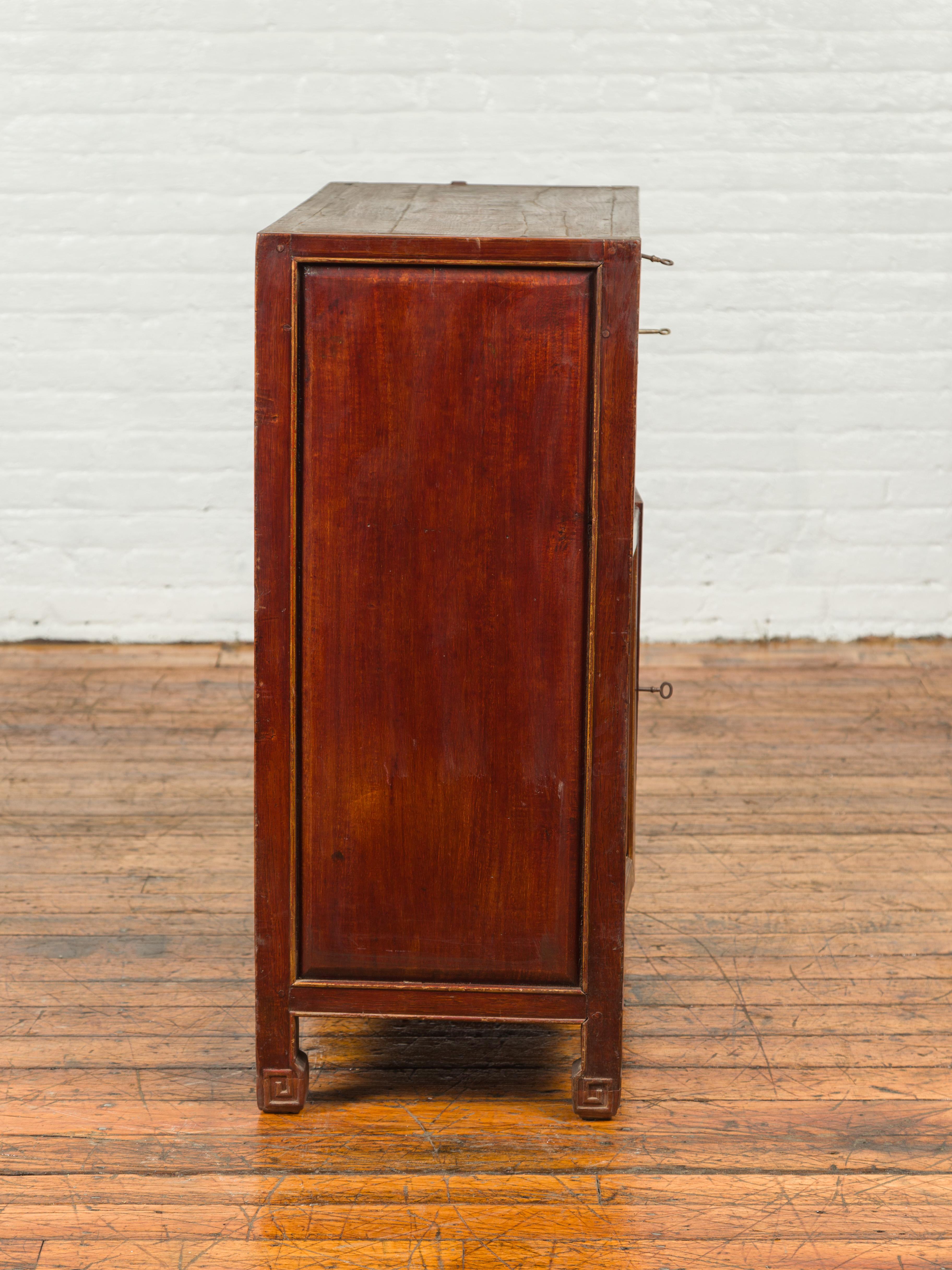 Chinese Vintage Two-Toned Side Chest with Drawers, Doors and Scrolled Feet 3