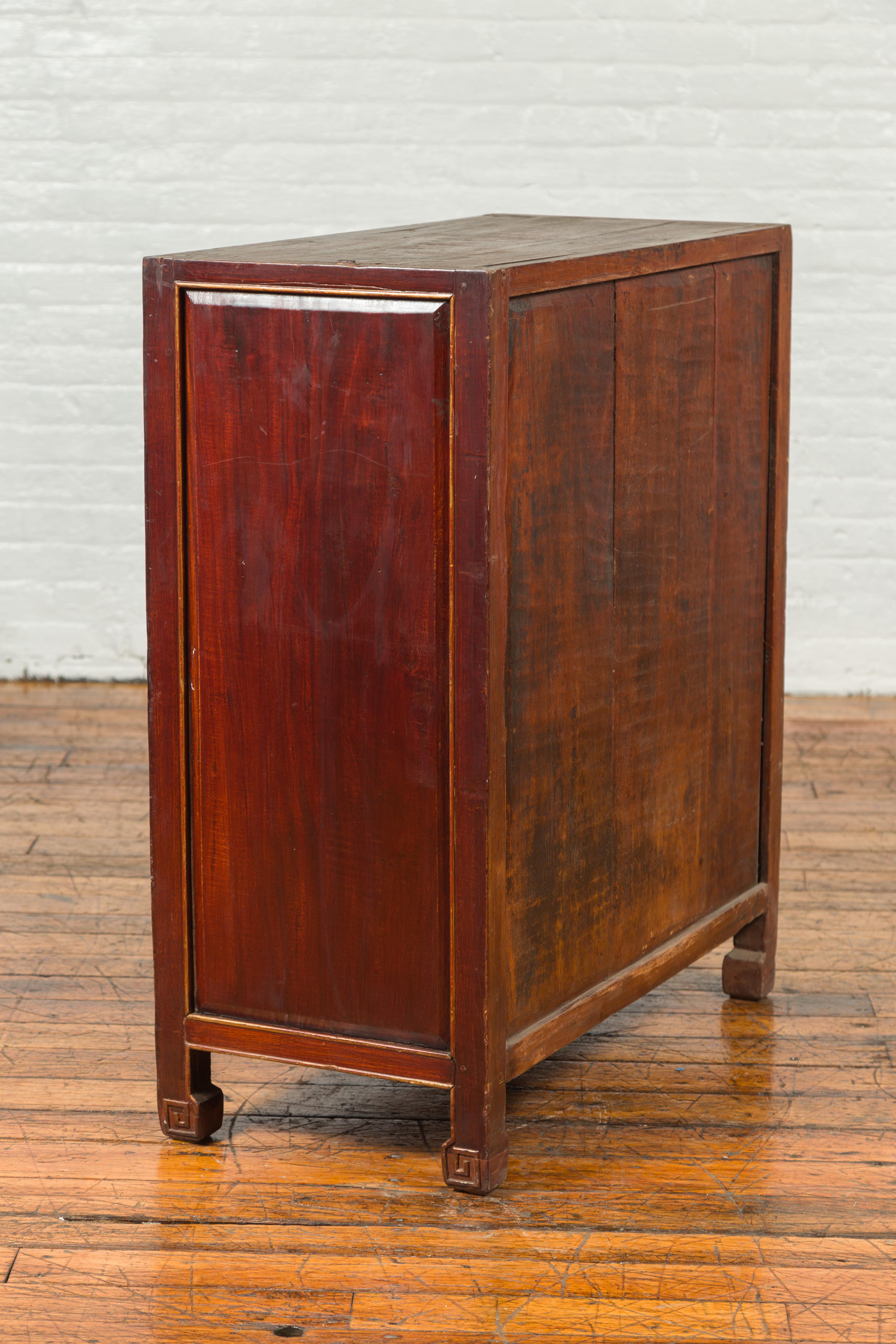 Chinese Vintage Two-Toned Side Chest with Drawers, Doors and Scrolled Feet 6
