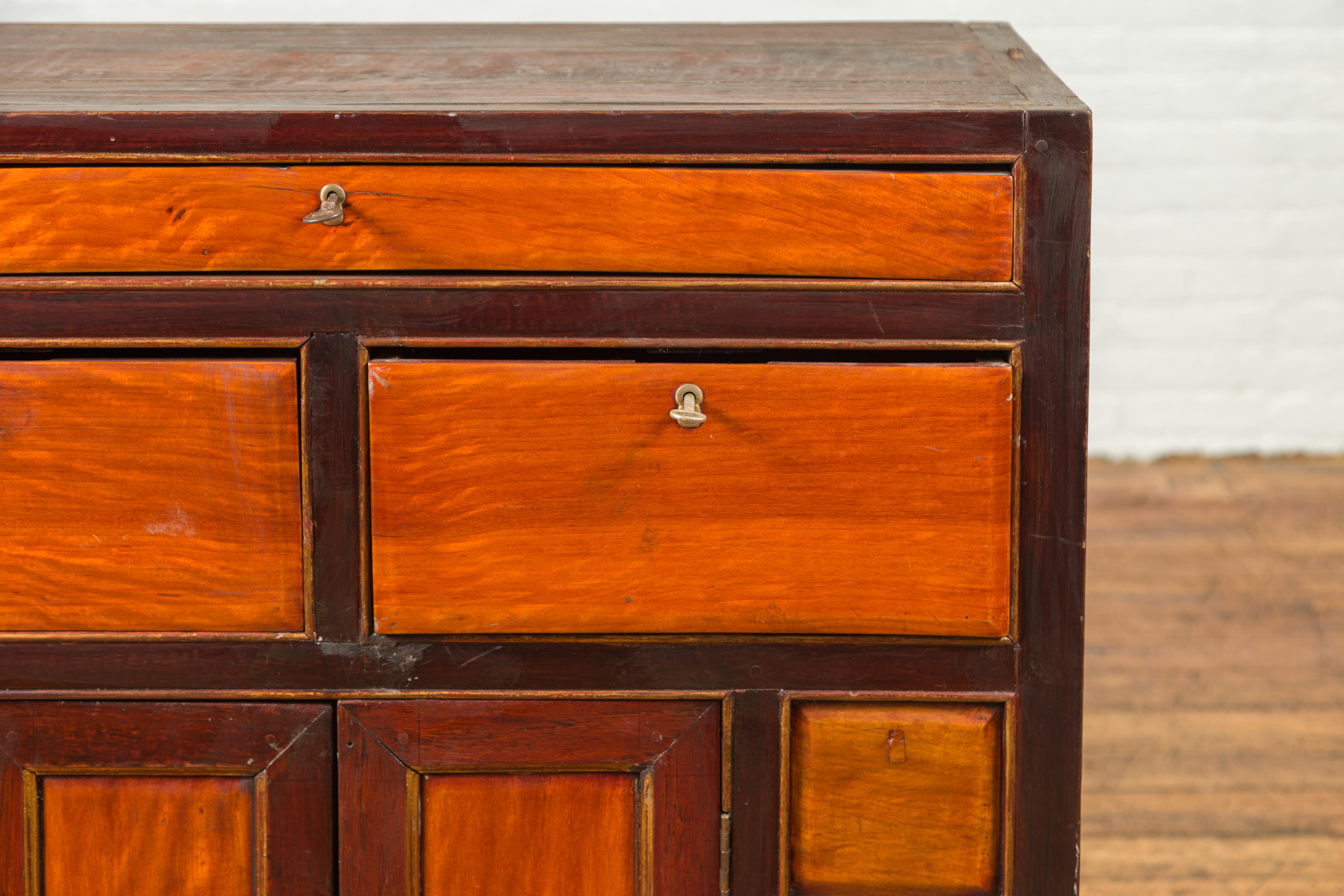 Wood Chinese Vintage Two-Toned Side Chest with Drawers, Doors and Scrolled Feet