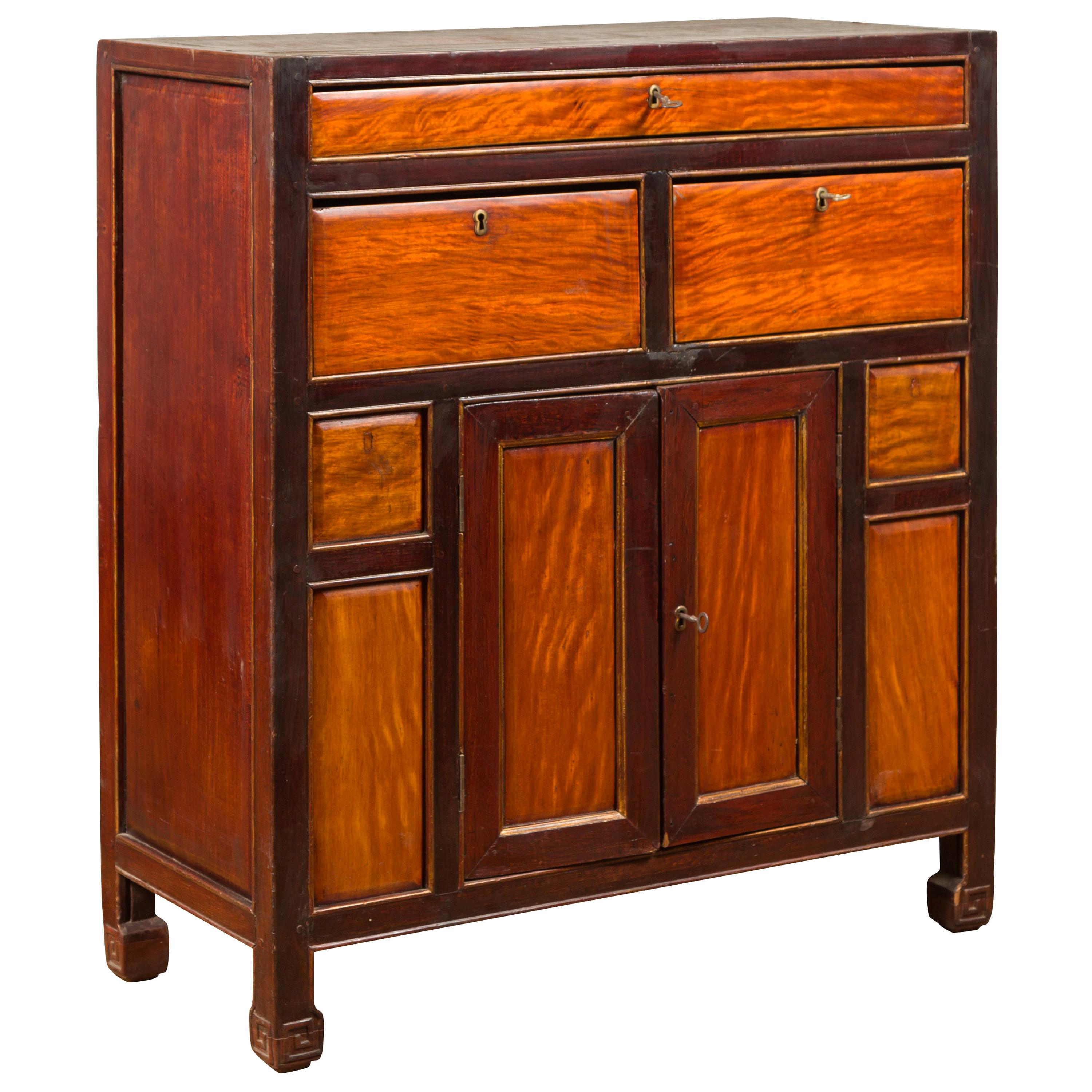 Chinese Vintage Two-Toned Side Chest with Drawers, Doors and Scrolled Feet