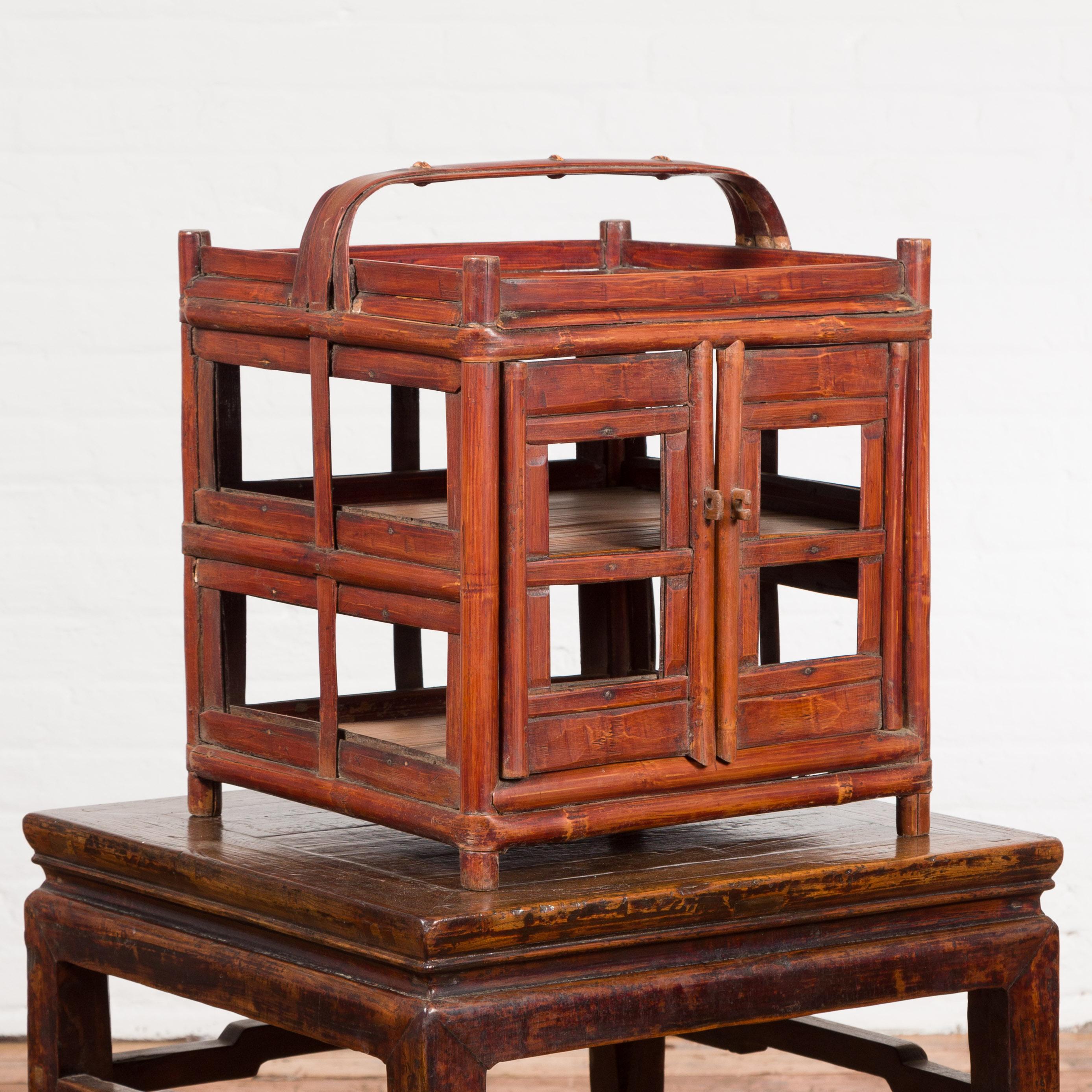 Chinese Vintage Unusual Bamboo Openwork Basket with Two Enclosed Shelves In Good Condition For Sale In Yonkers, NY