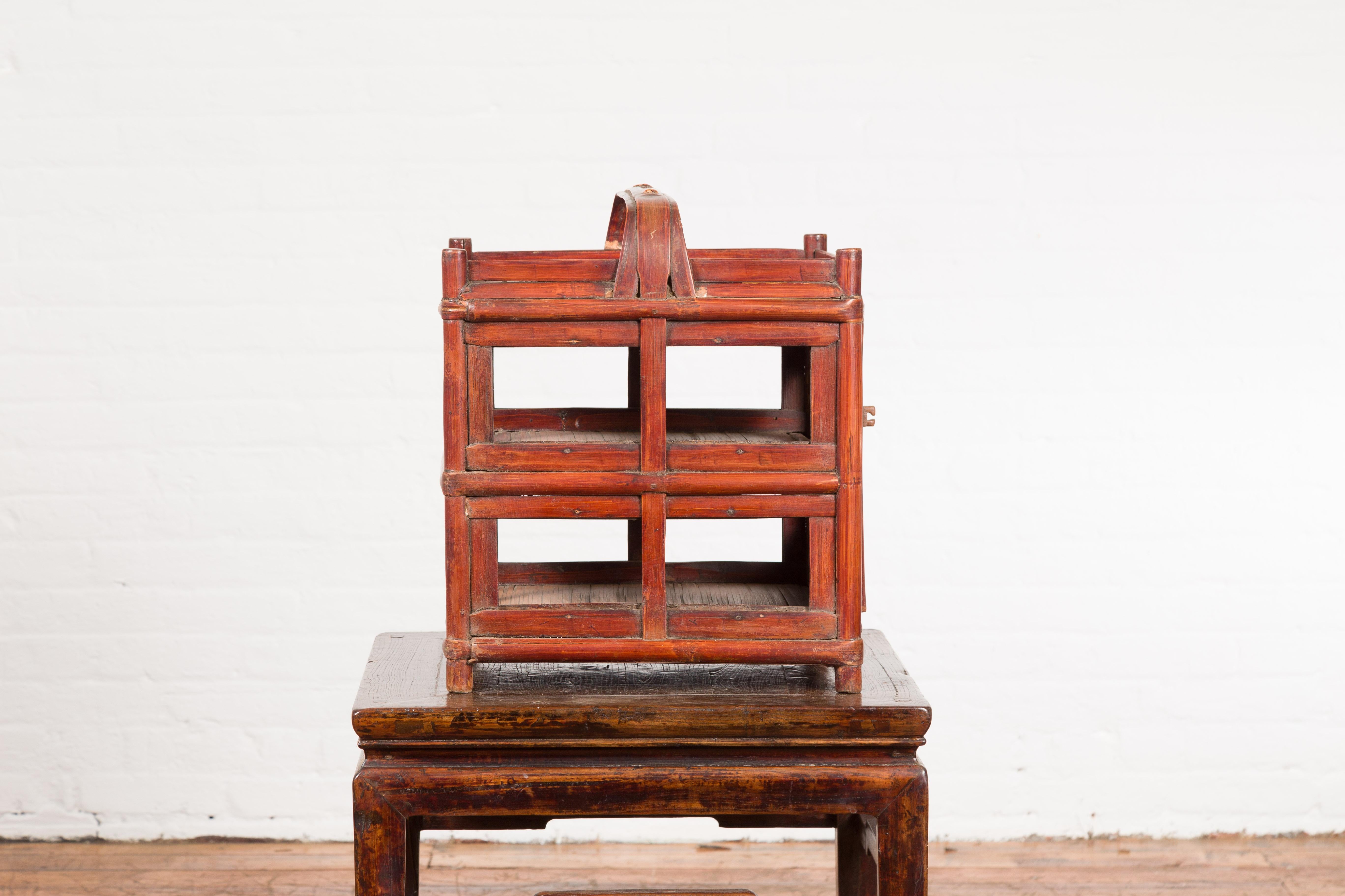 Chinese Vintage Unusual Bamboo Openwork Basket with Two Enclosed Shelves For Sale 4