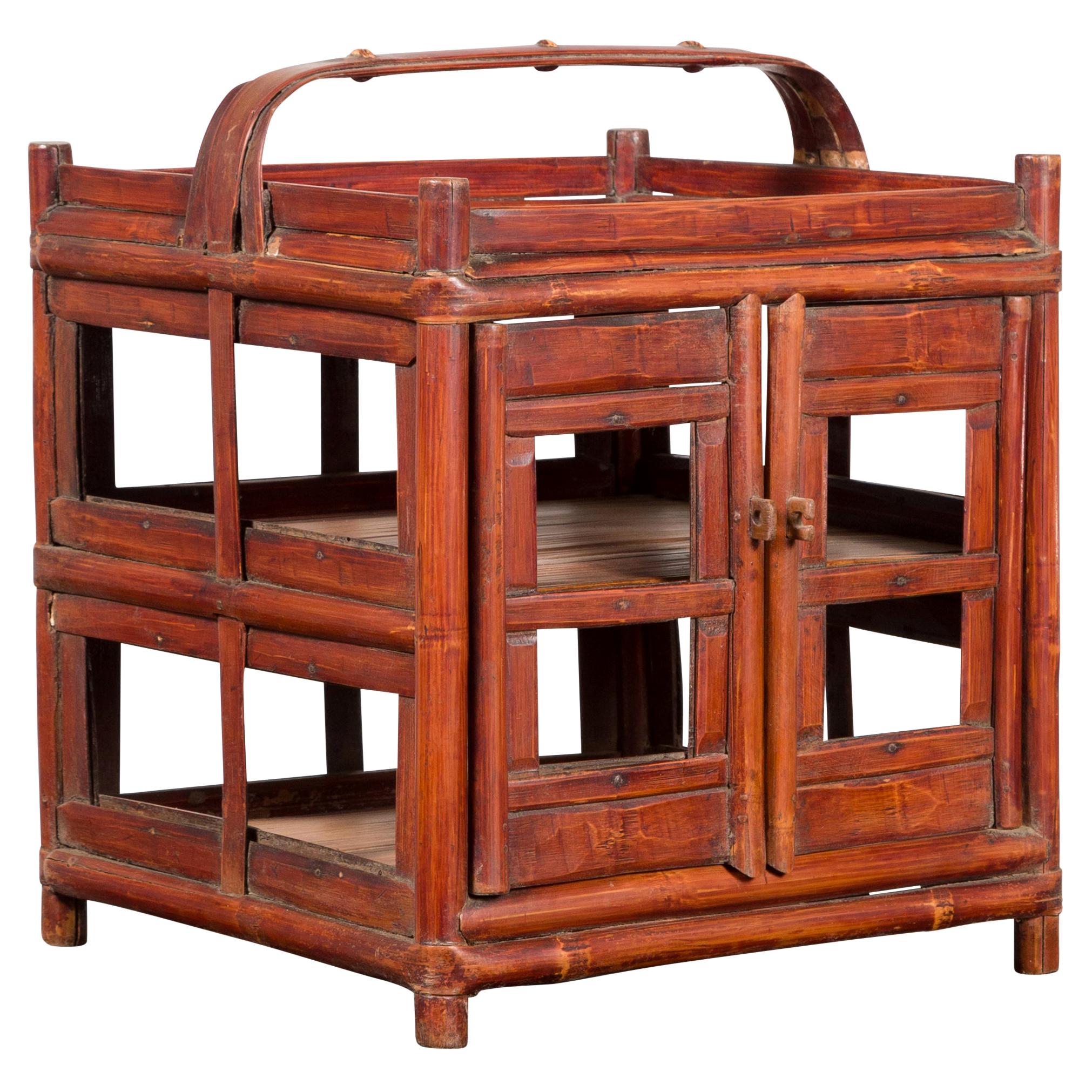 Chinese Vintage Unusual Bamboo Openwork Basket with Two Enclosed Shelves For Sale