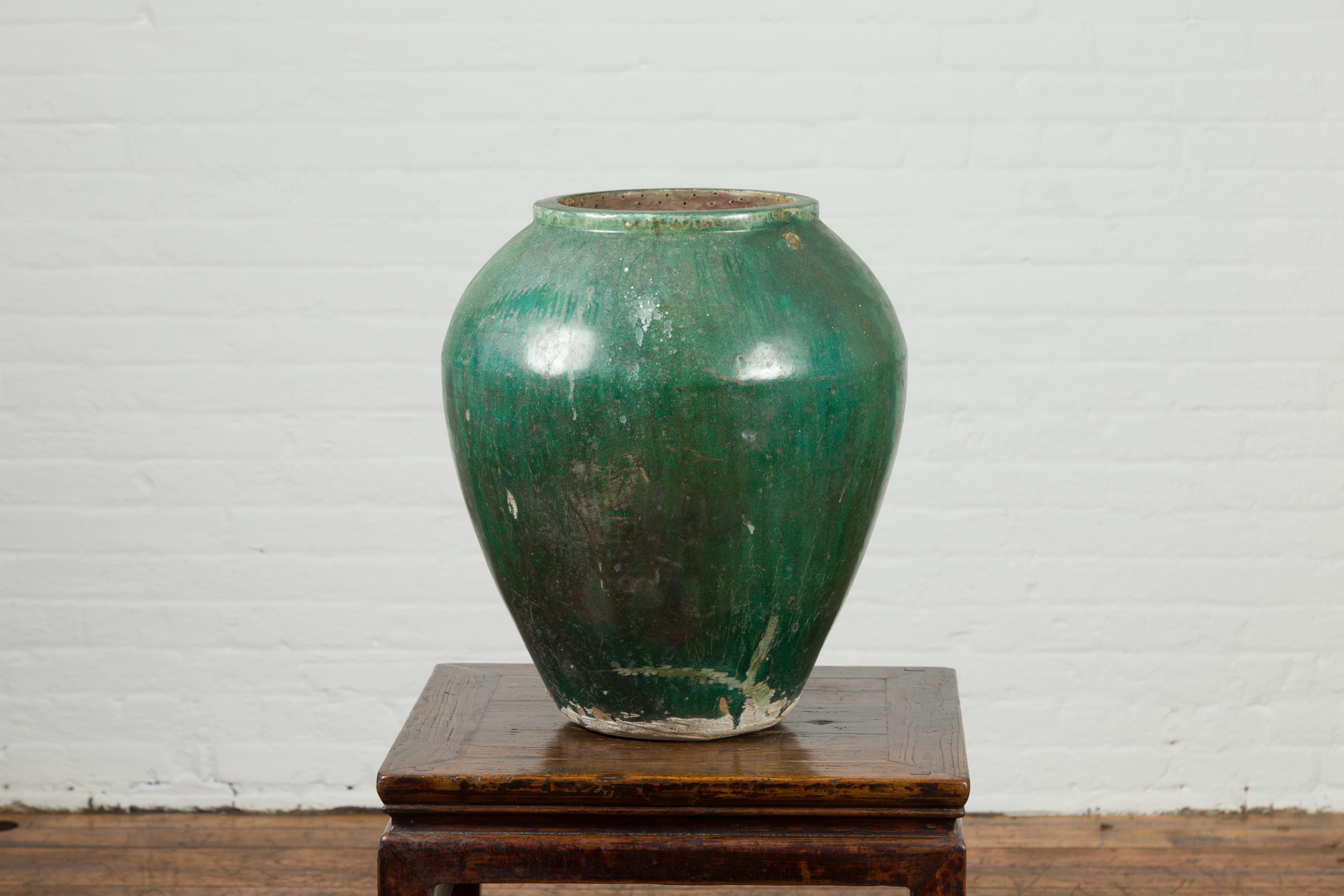 Glazed Chinese Vintage Water Jar with Verde Patina and Weathered Appearance