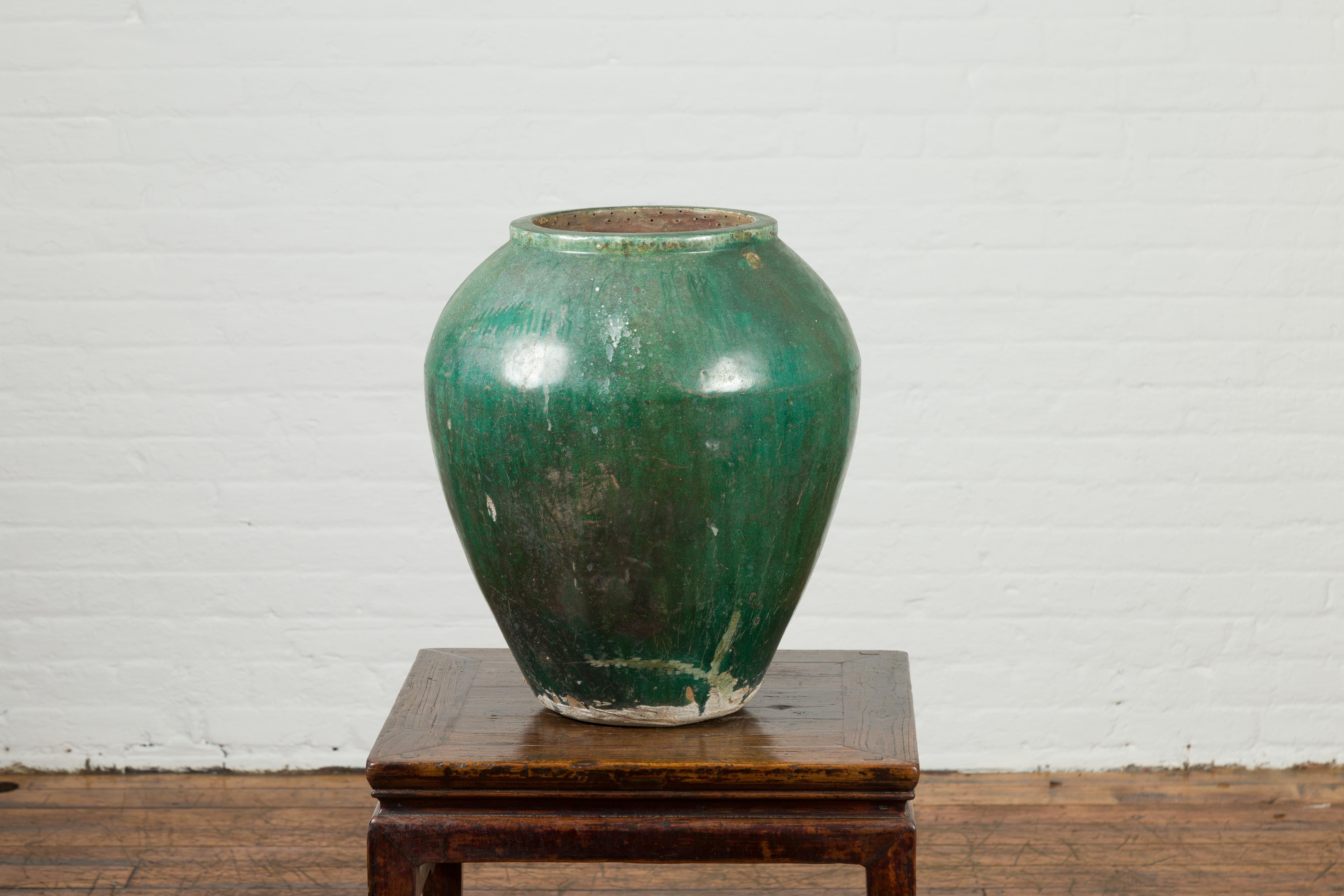 Chinese Vintage Water Jar with Verde Patina and Weathered Appearance In Good Condition In Yonkers, NY