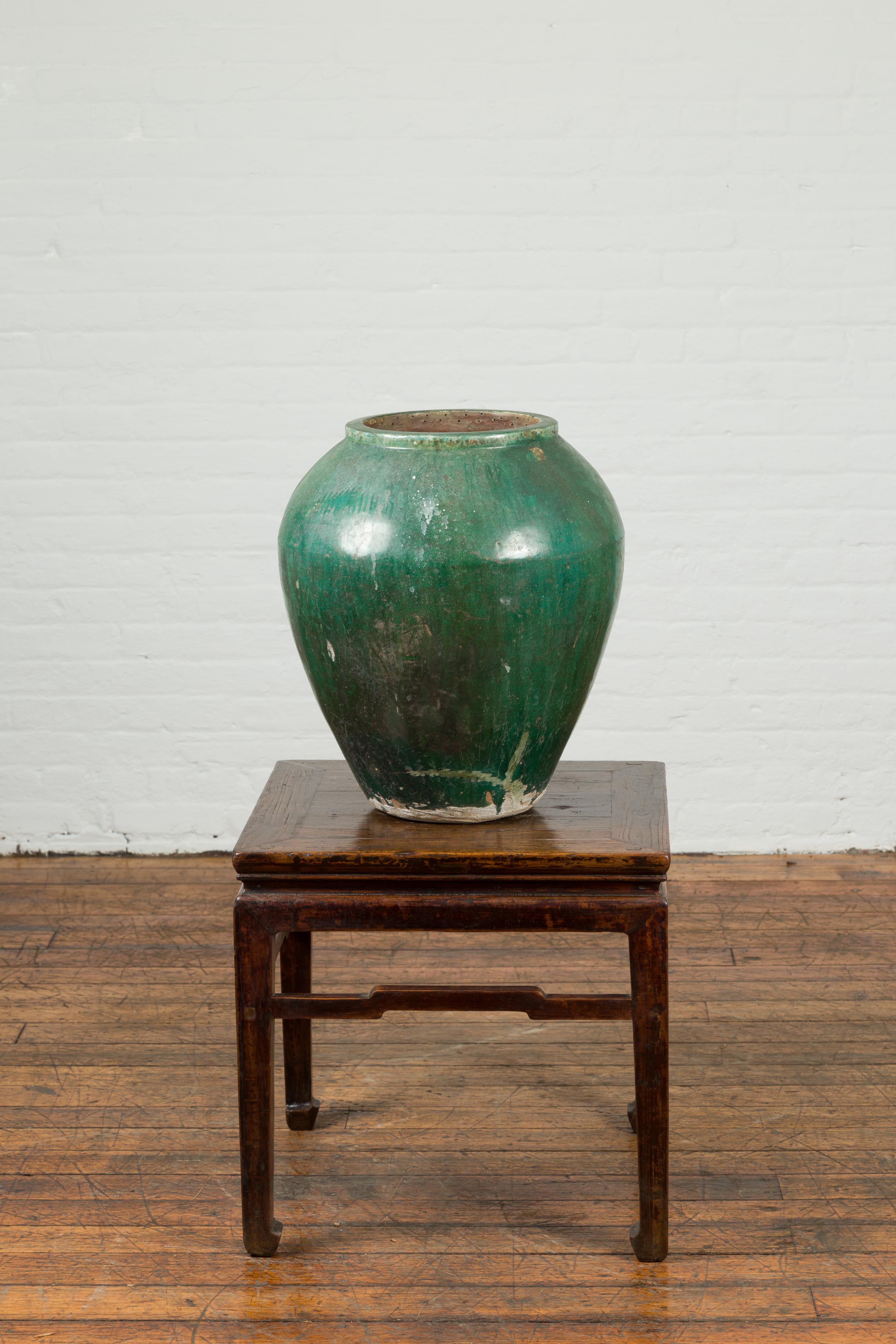 20th Century Chinese Vintage Water Jar with Verde Patina and Weathered Appearance